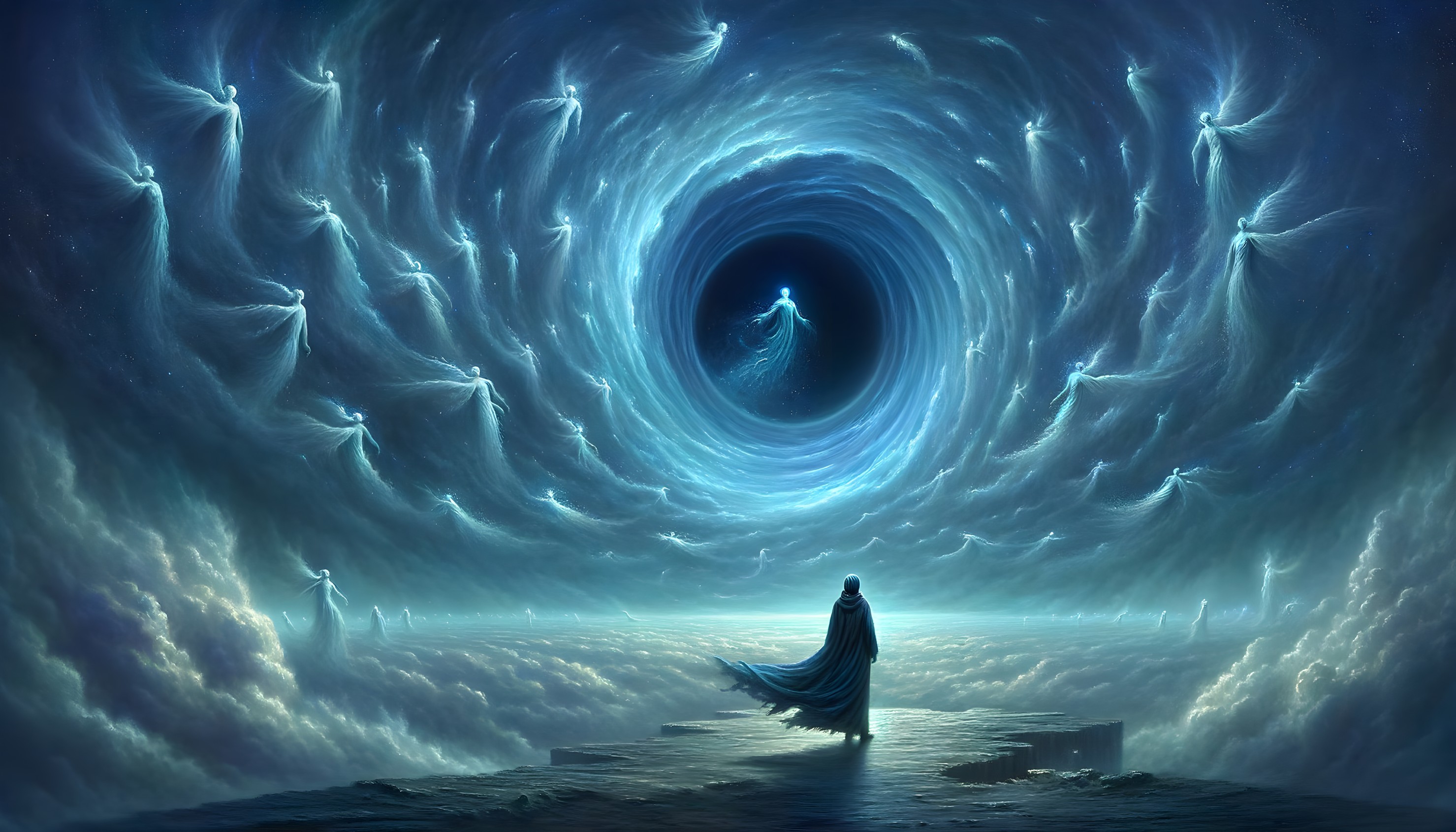 Figure in Cloak Gazing at Swirling Blue Vortex