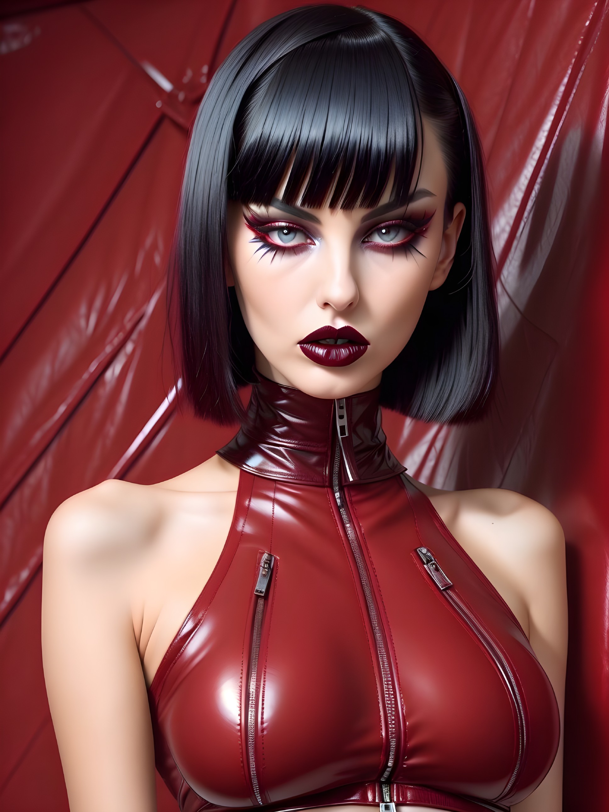 Model in Red Latex Outfit with Bold Makeup and Haircut