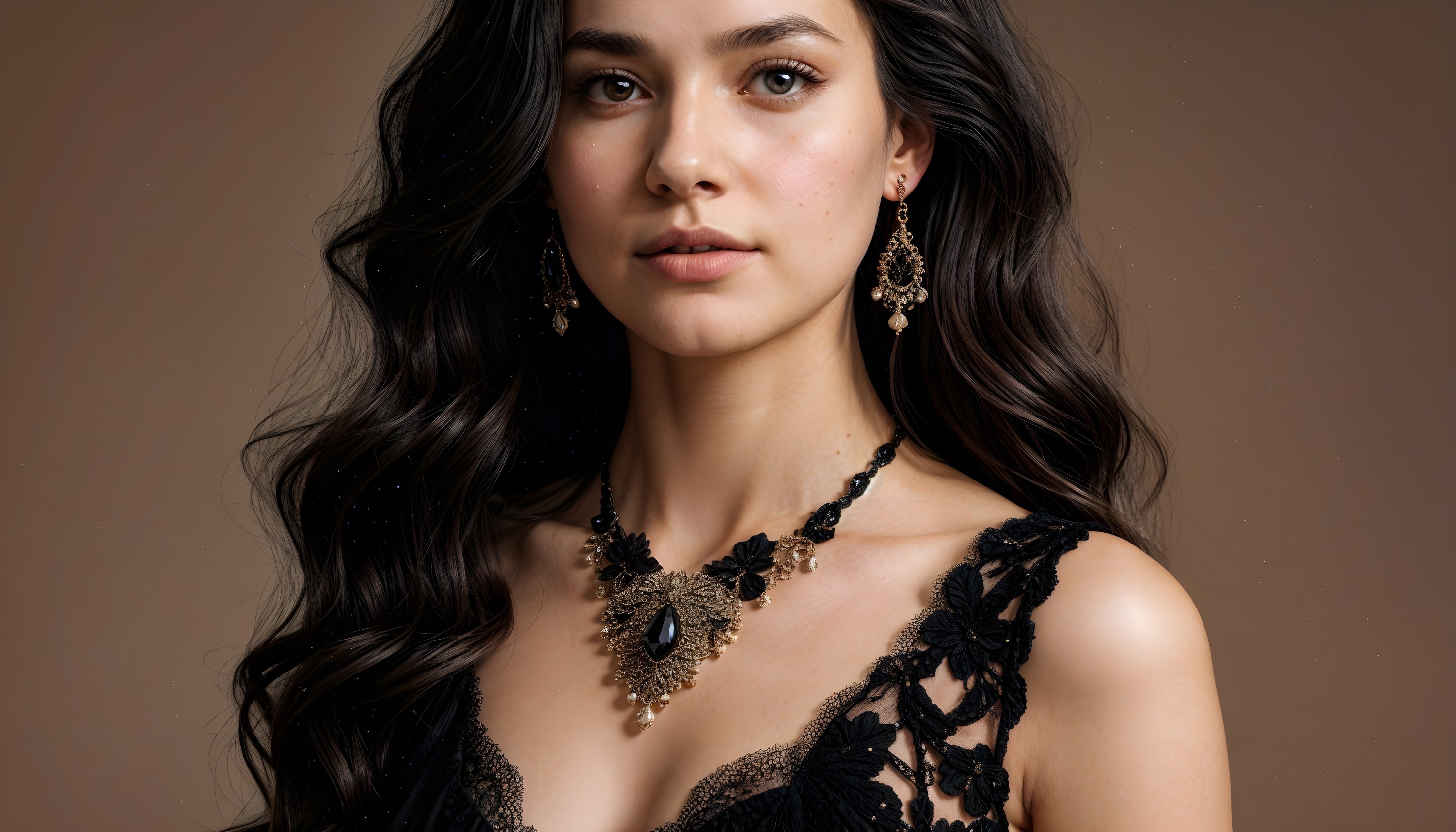 Elegant woman in black dress with intricate jewelry