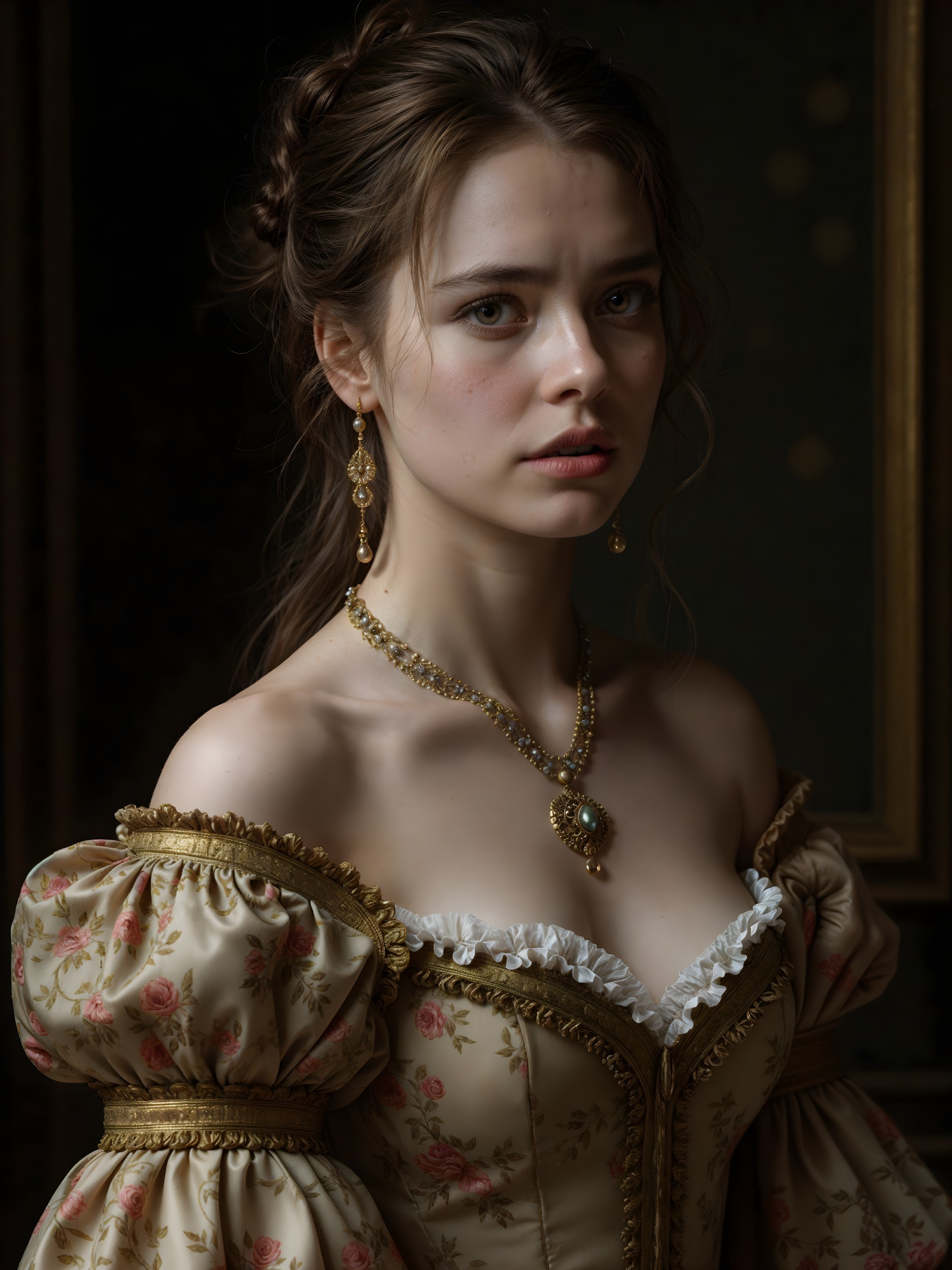 Elegant Young Woman in Vintage Floral Gown and Jewelry