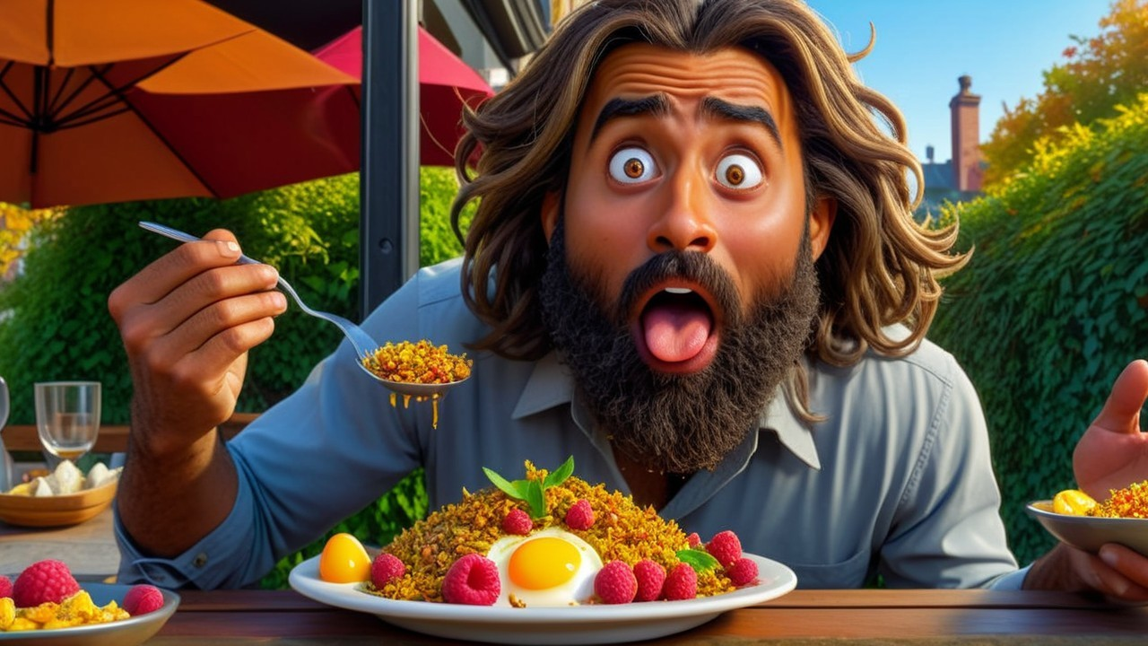 Surprised man enjoying colorful granola outdoors