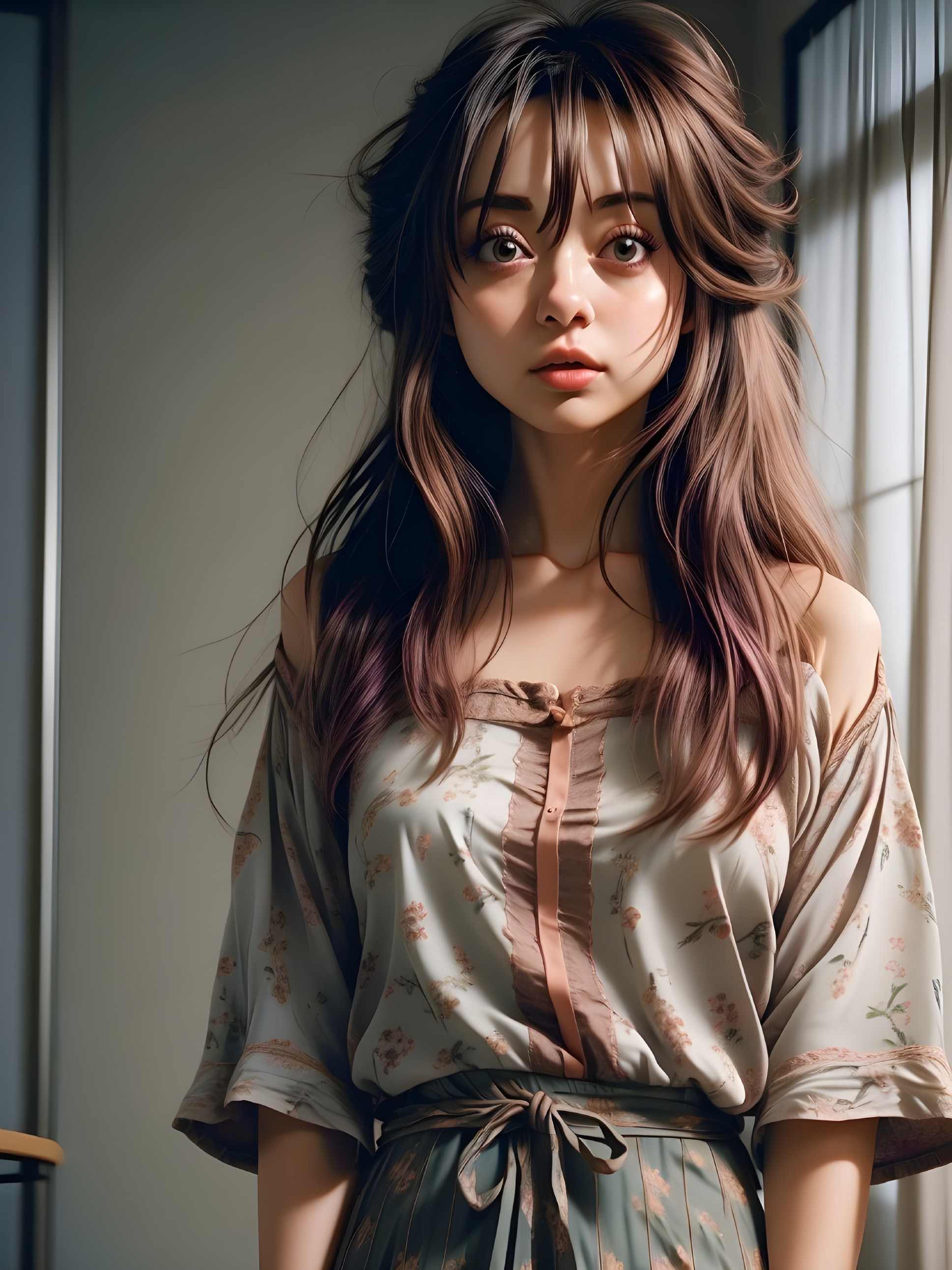 Young woman in floral blouse in softly lit room