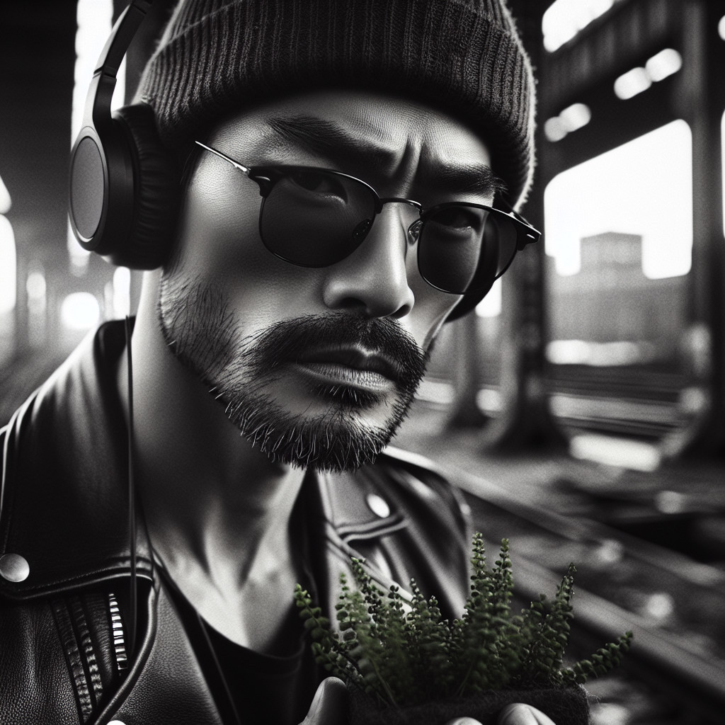 Stylish Man in Leather Jacket with Potted Plant