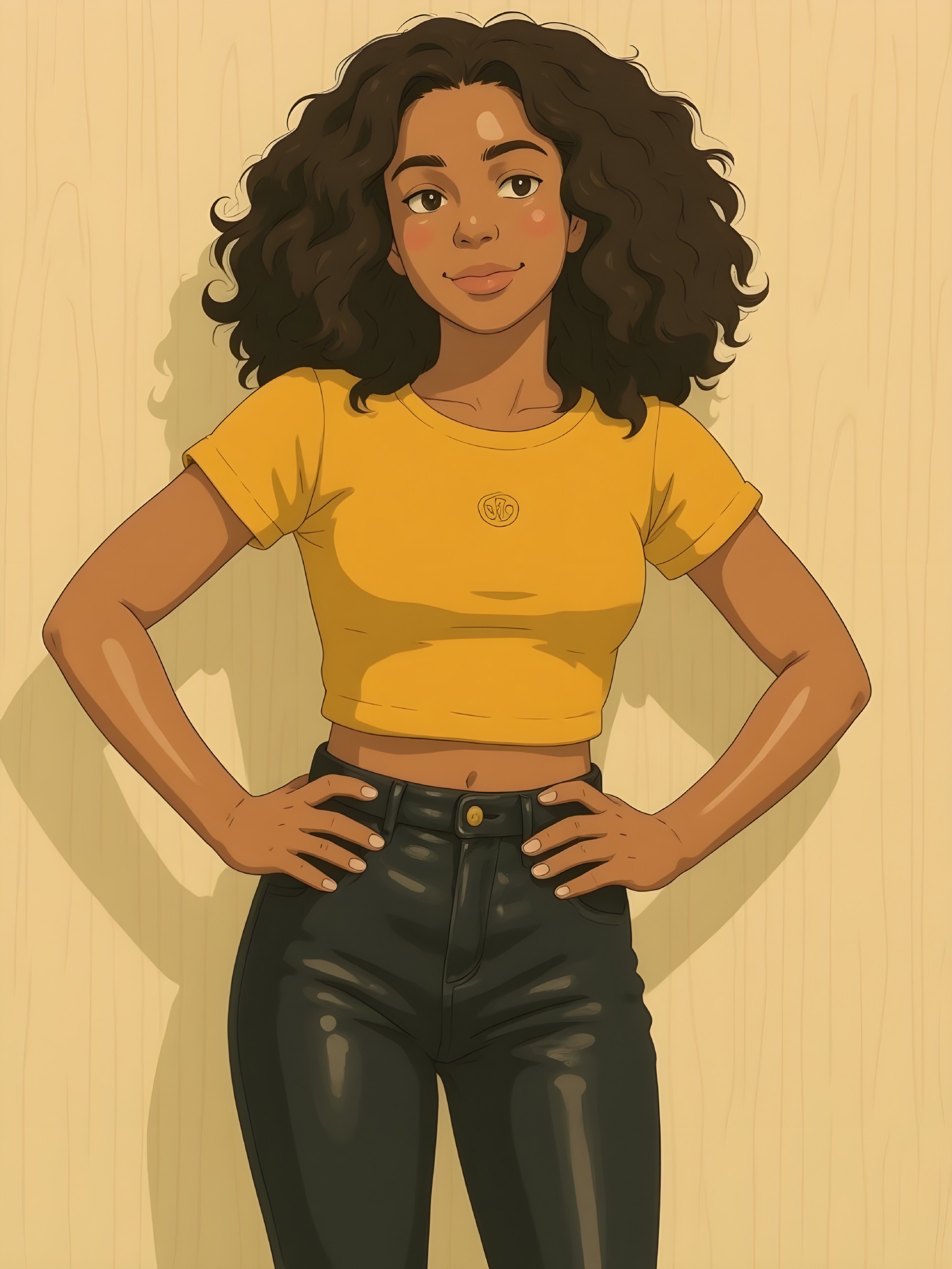 Young woman in yellow top and black pants against wood