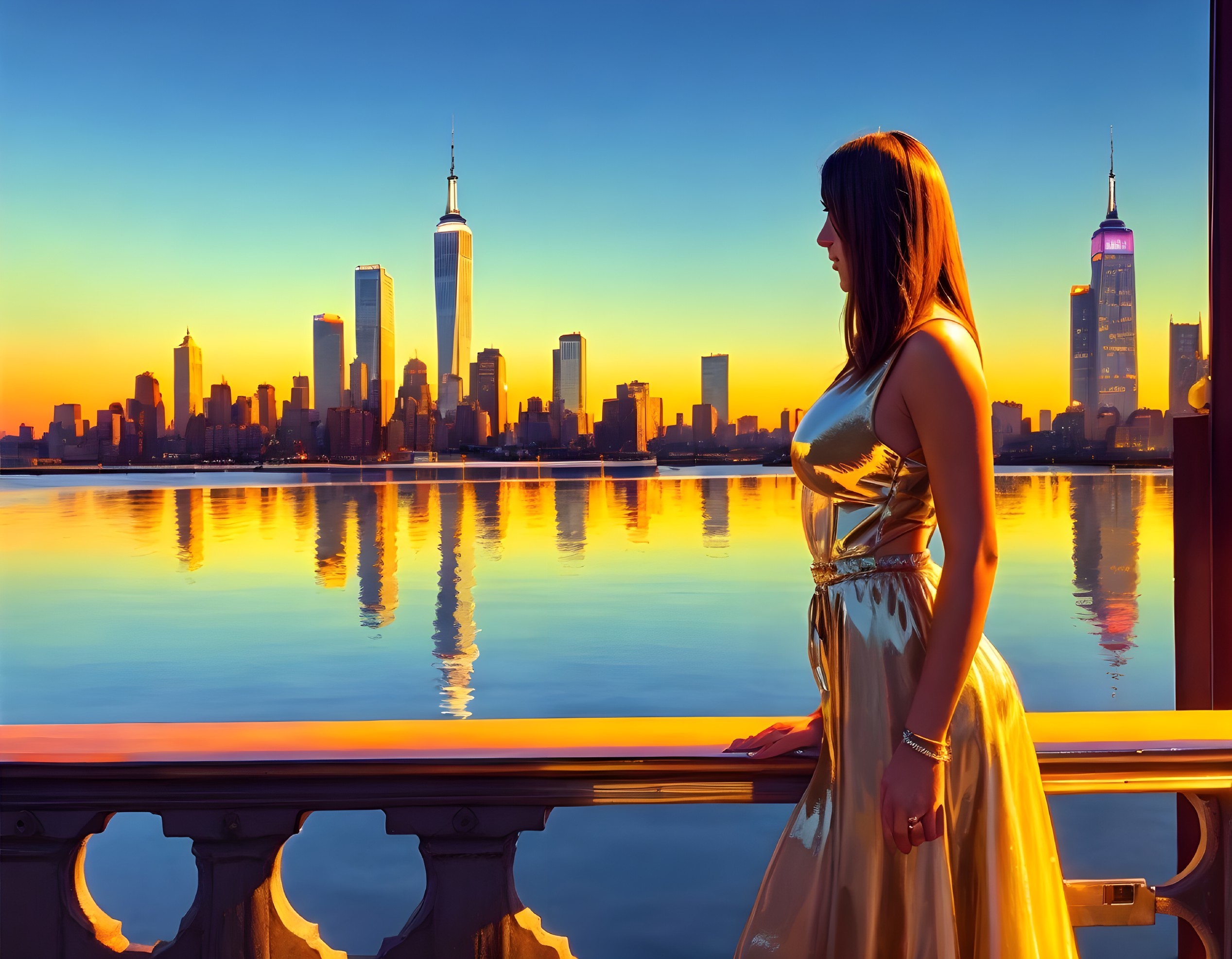 Woman in gold dress by water at sunset skyline