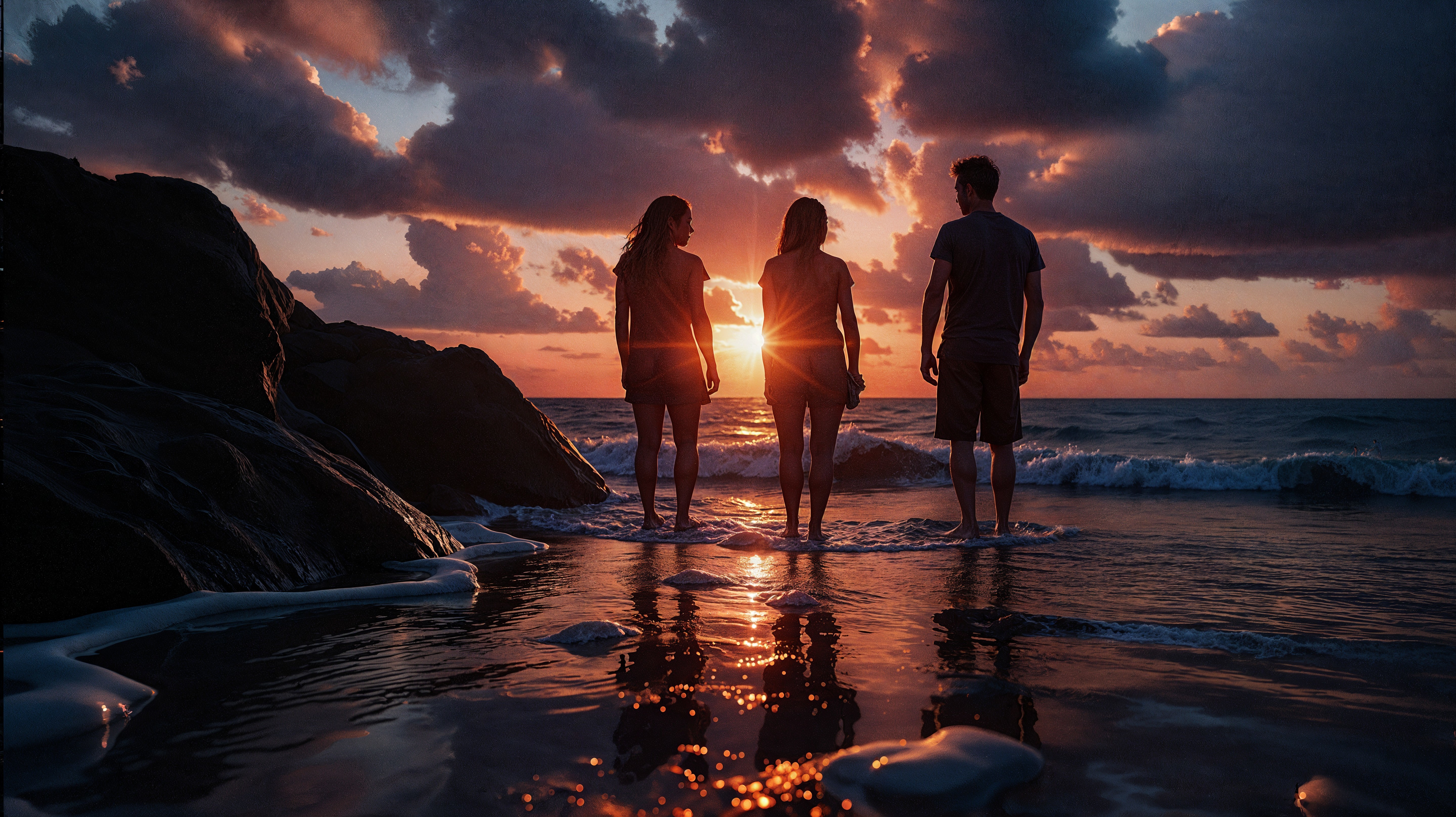 Three Figures at Ocean's Edge During Sunset
