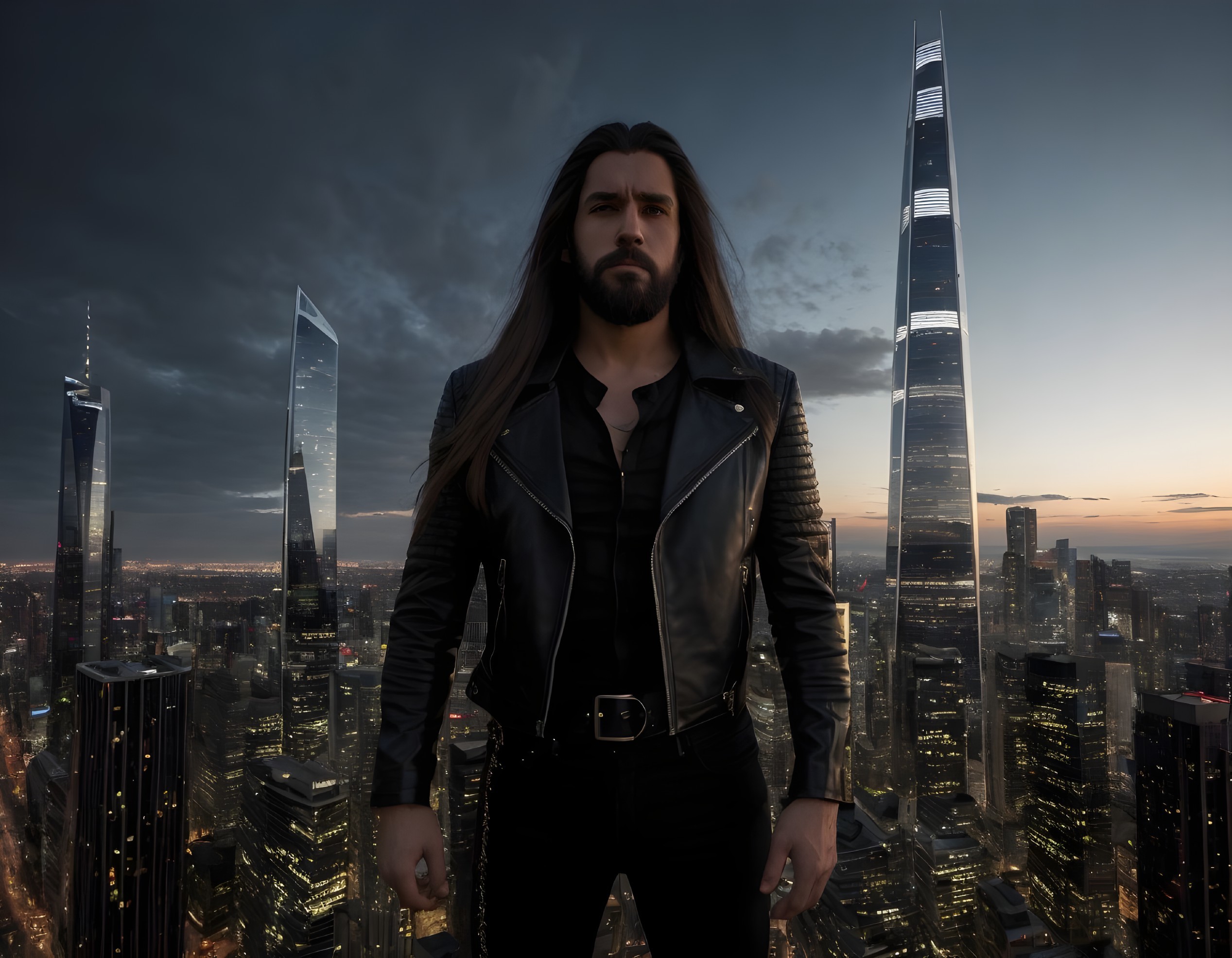 Man in Leather Jacket Against City Skyline at Twilight