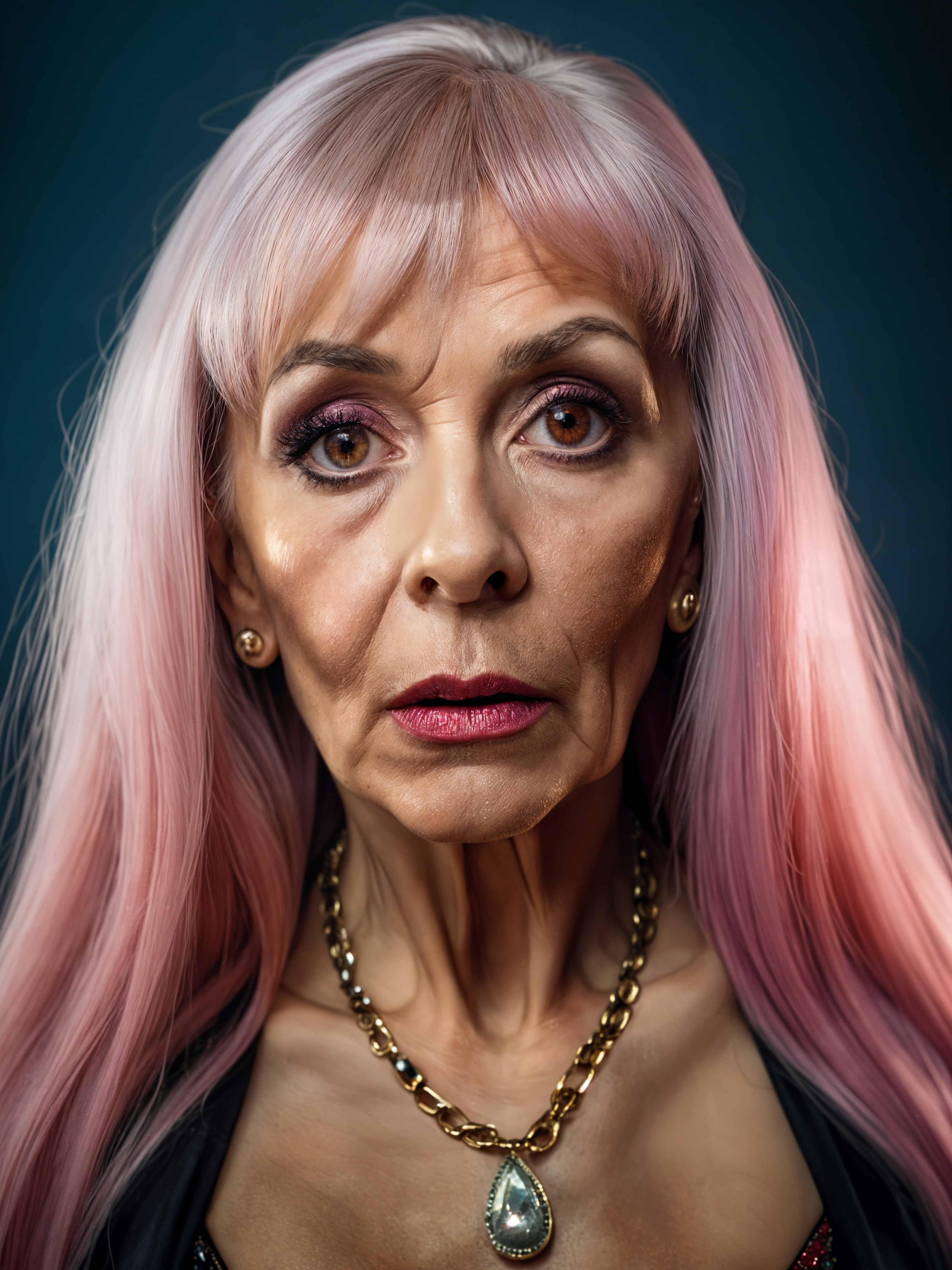Portrait of an Older Woman with Pink Hair and Jewelry
