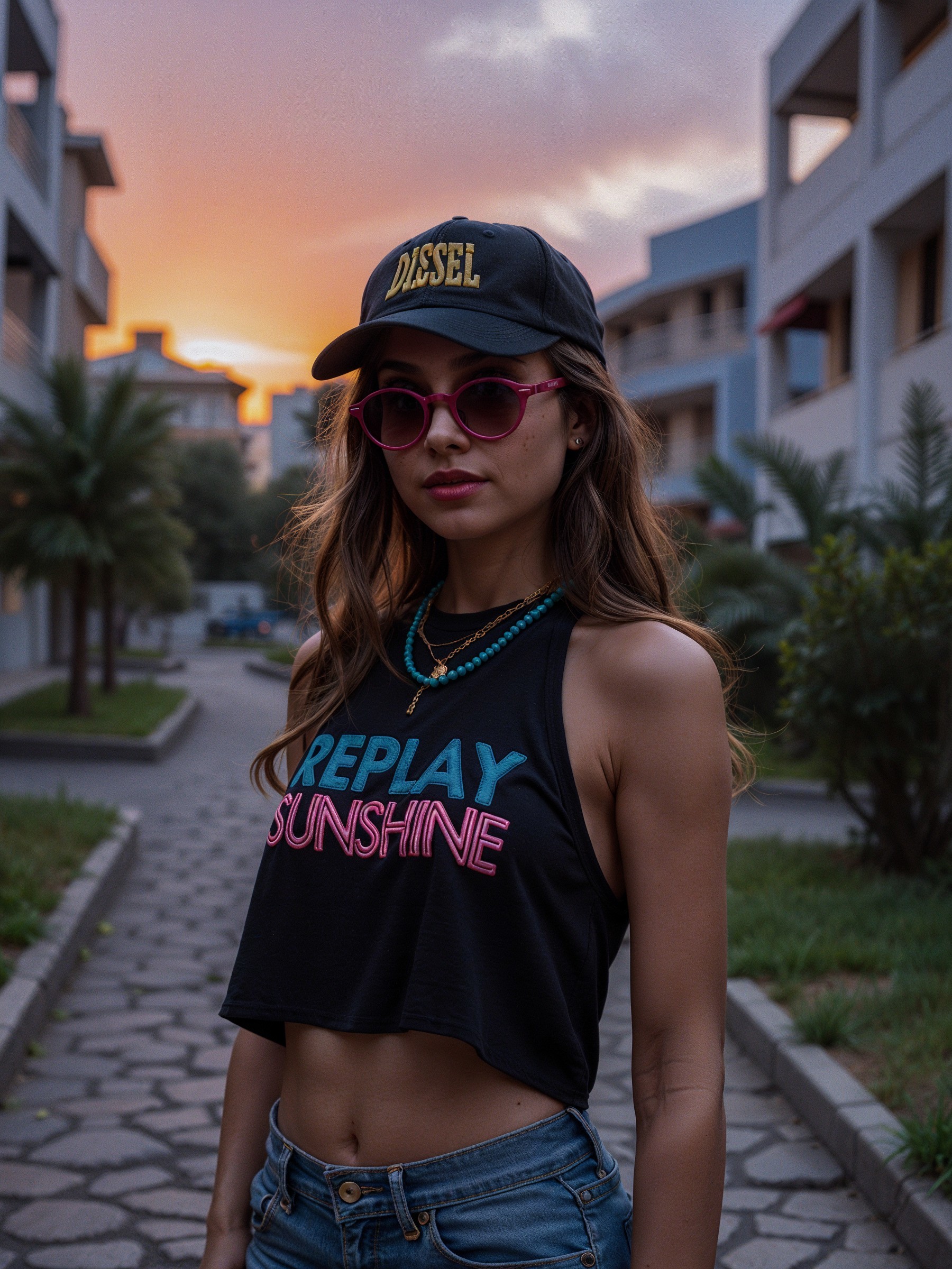 Young woman in stylish outfit against sunset backdrop