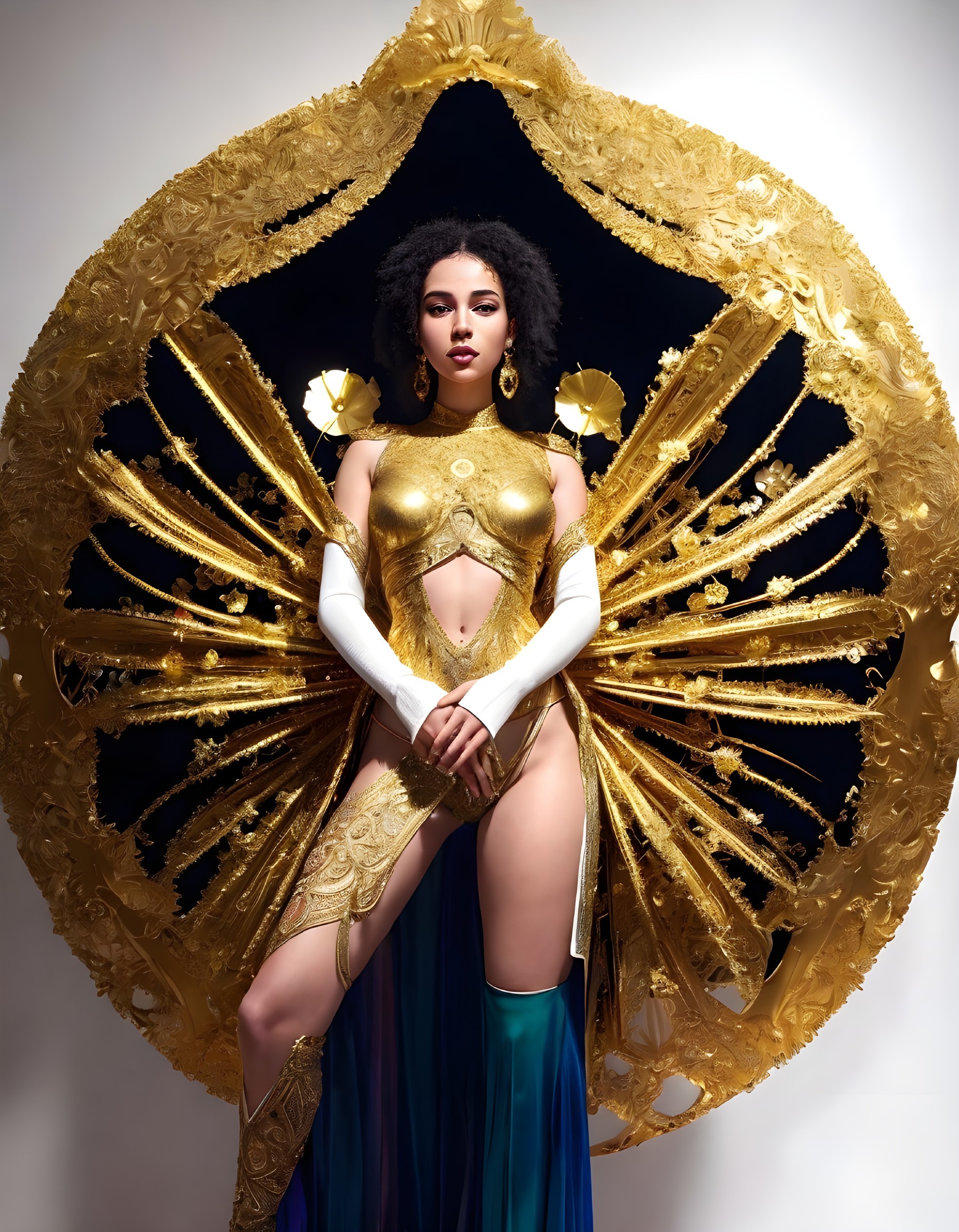 Regal woman in gold and teal costume with ornate headdress