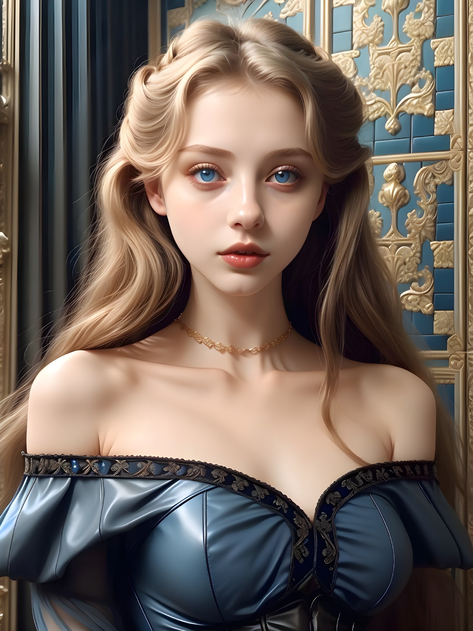 Elegant Young Woman in Off-Shoulder Gown with Necklace
