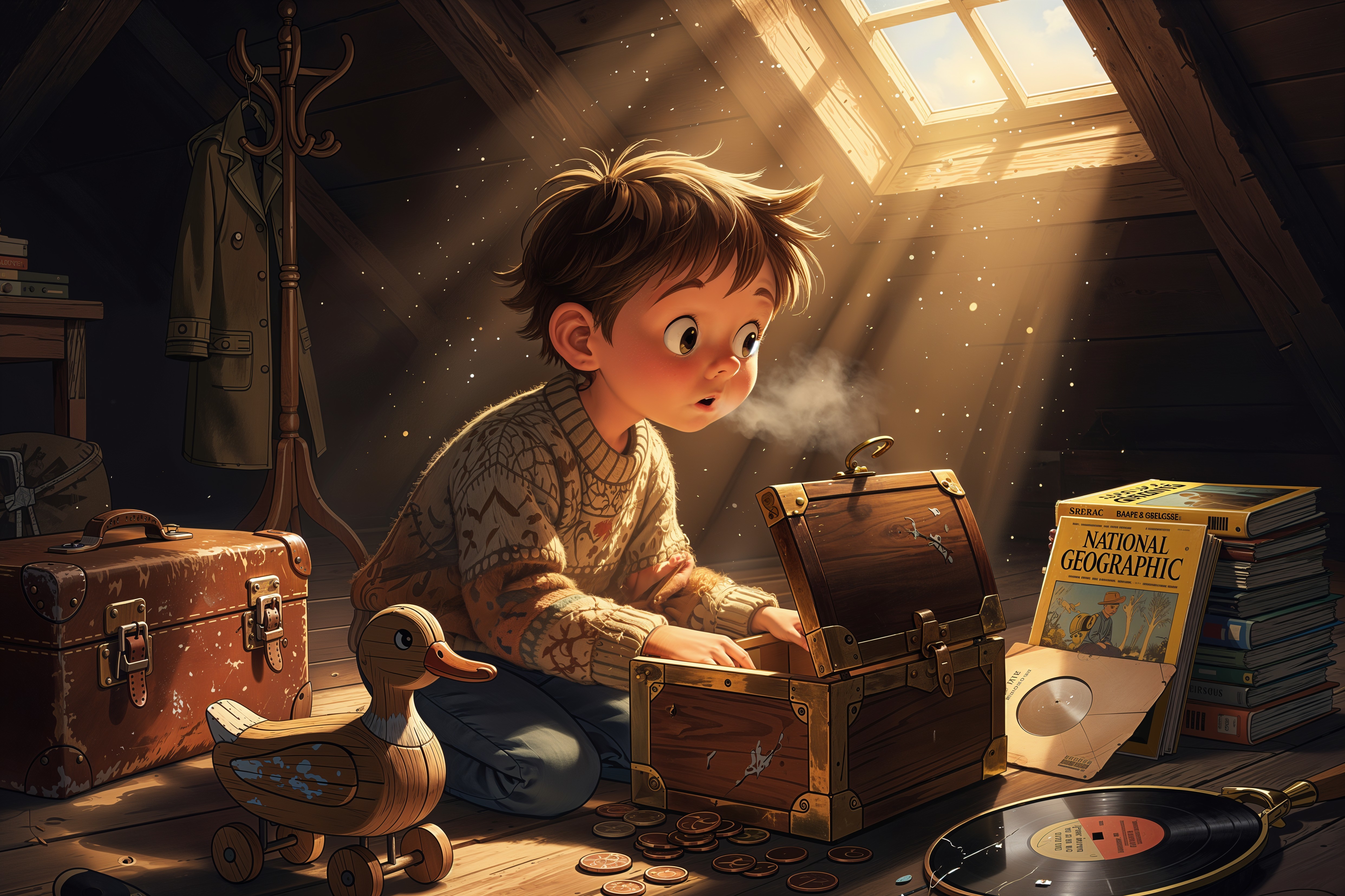 Young boy discovers treasure chest in attic illustration