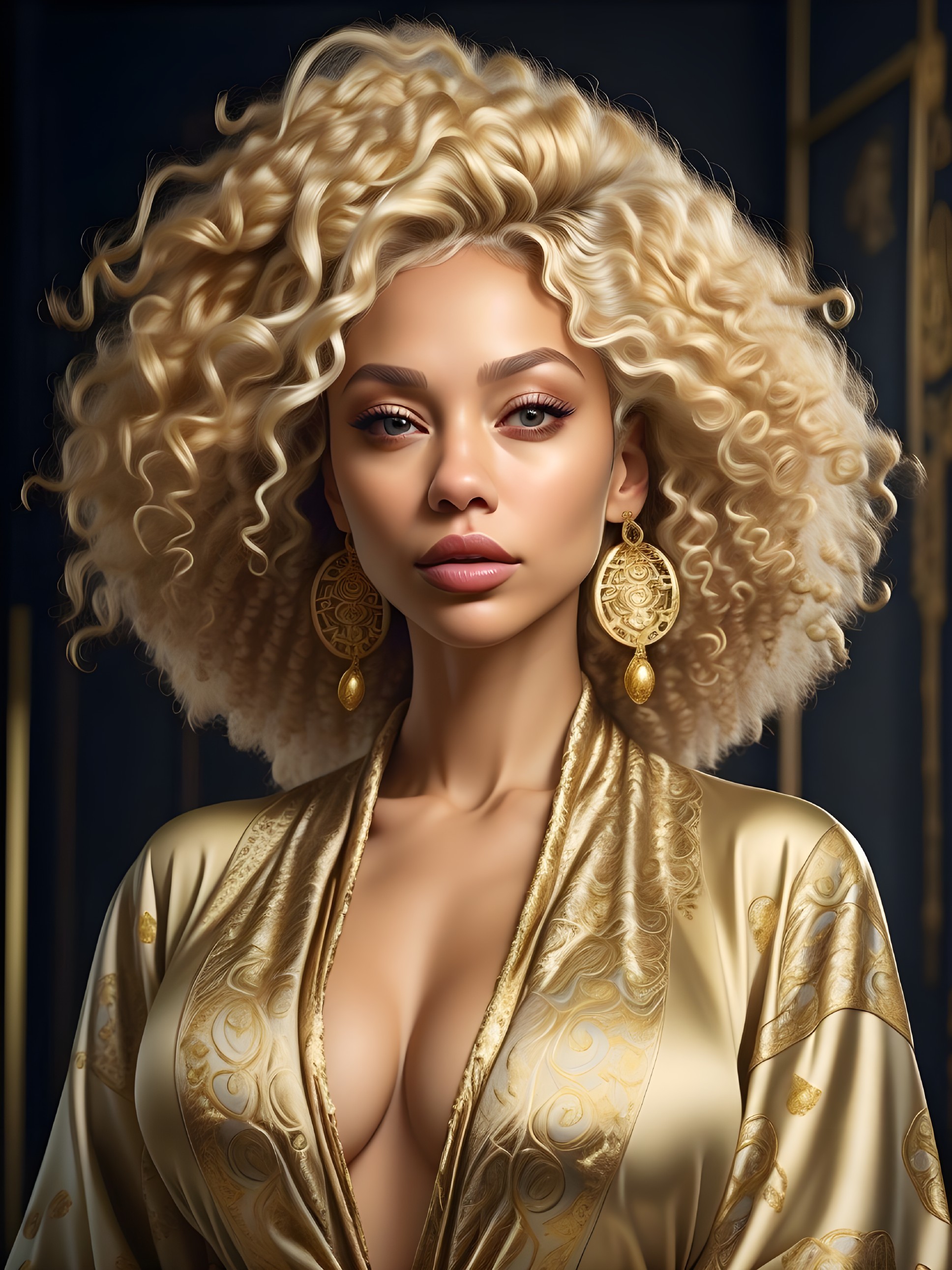 Curly Blonde Hair and Elegant Gold Attire Portrait