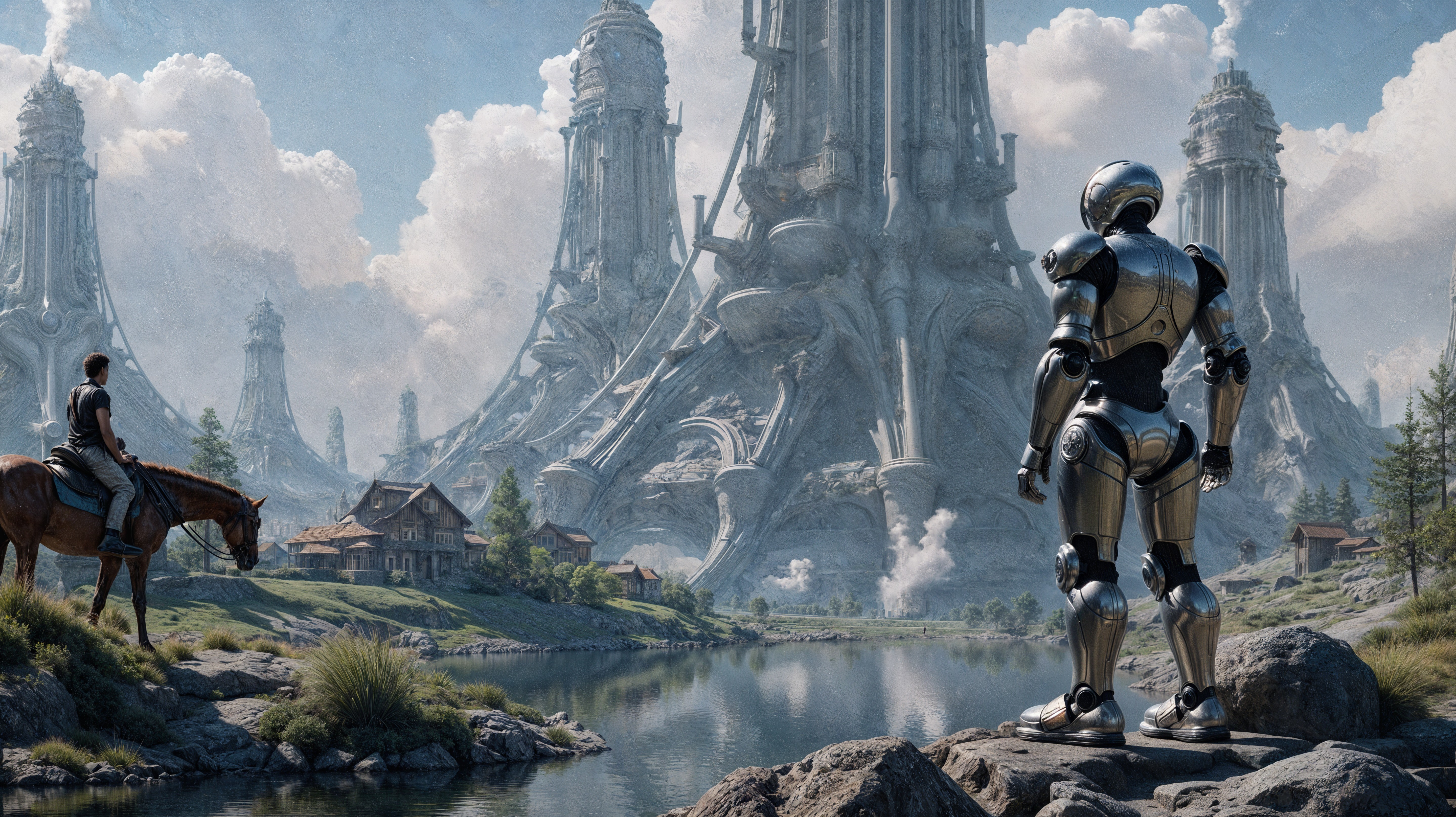 Futuristic Robot by Lake with Metallic Structures