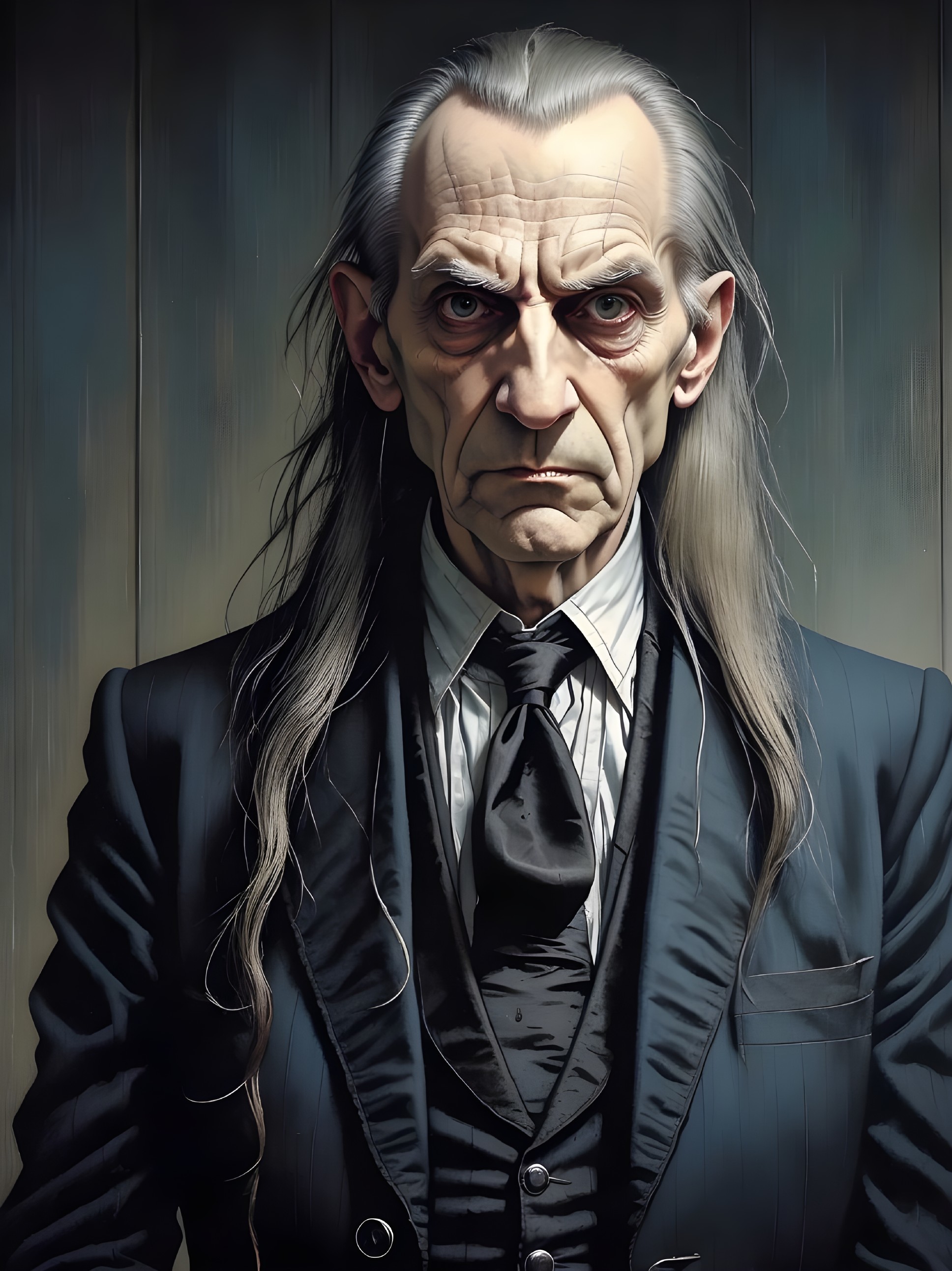 Elderly man in formal suit with intense expression