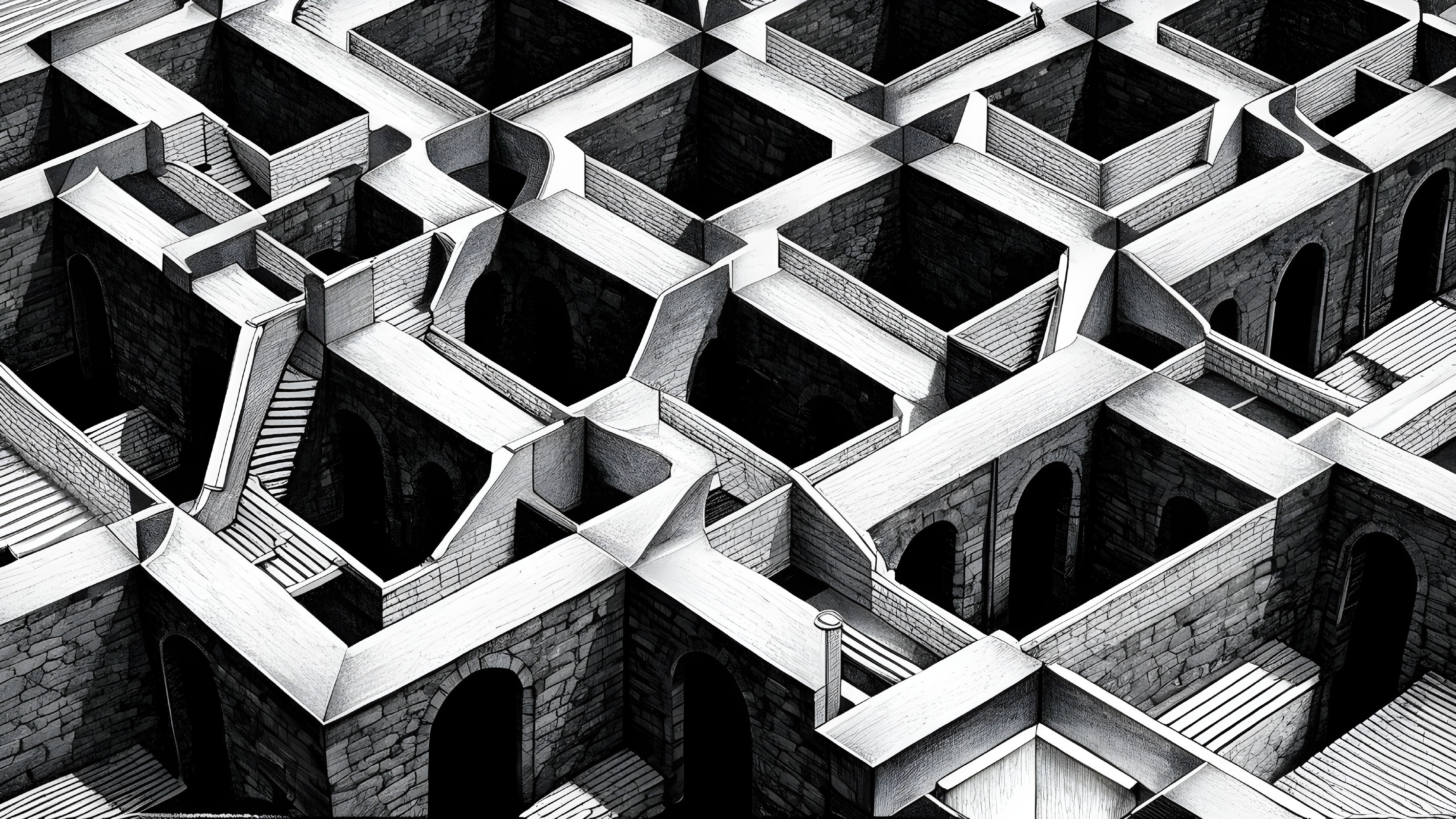 Surreal Maze of Stone Walls and Wooden Stairways