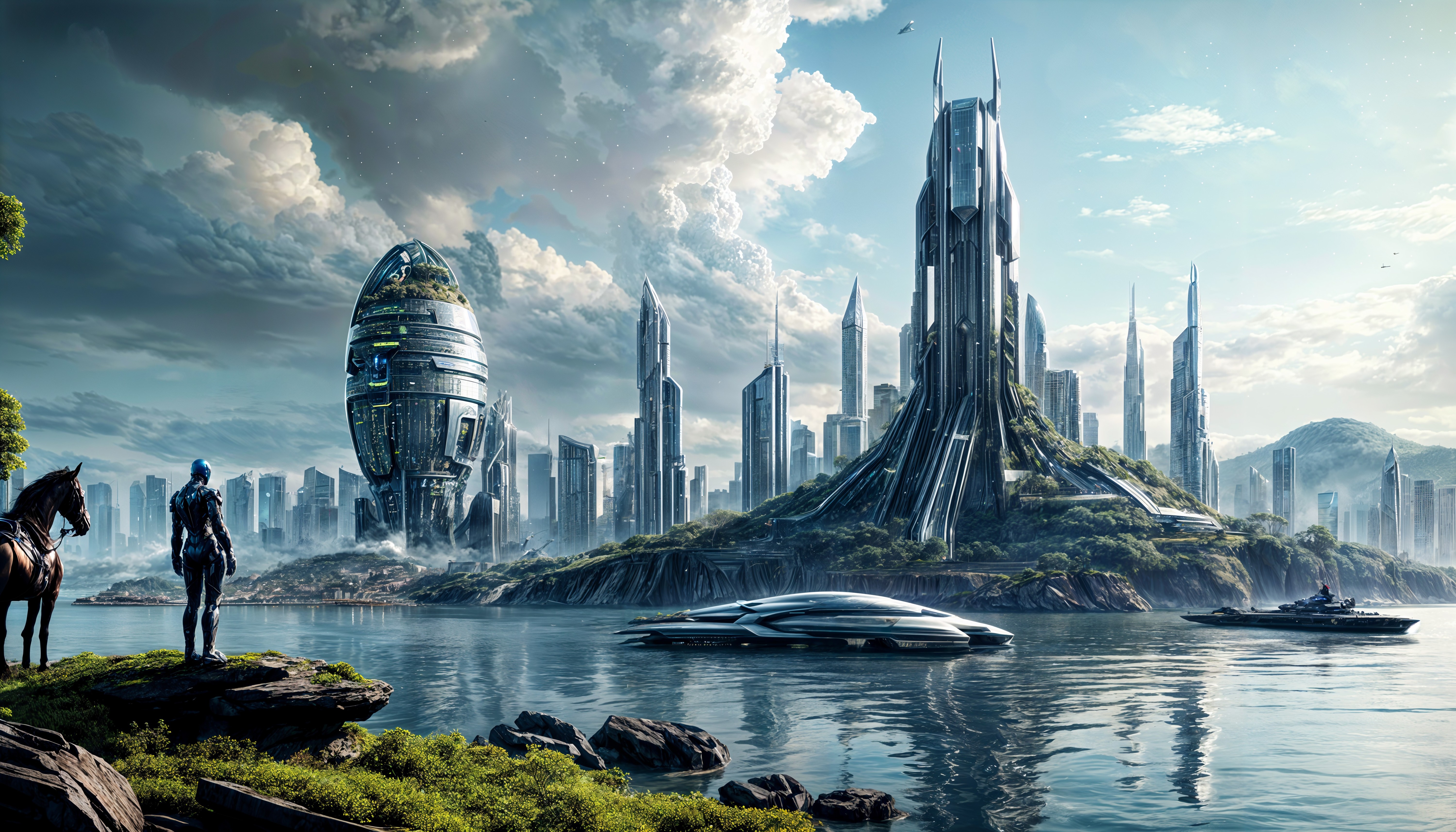 Futuristic Landscape with Skyscrapers and Nature