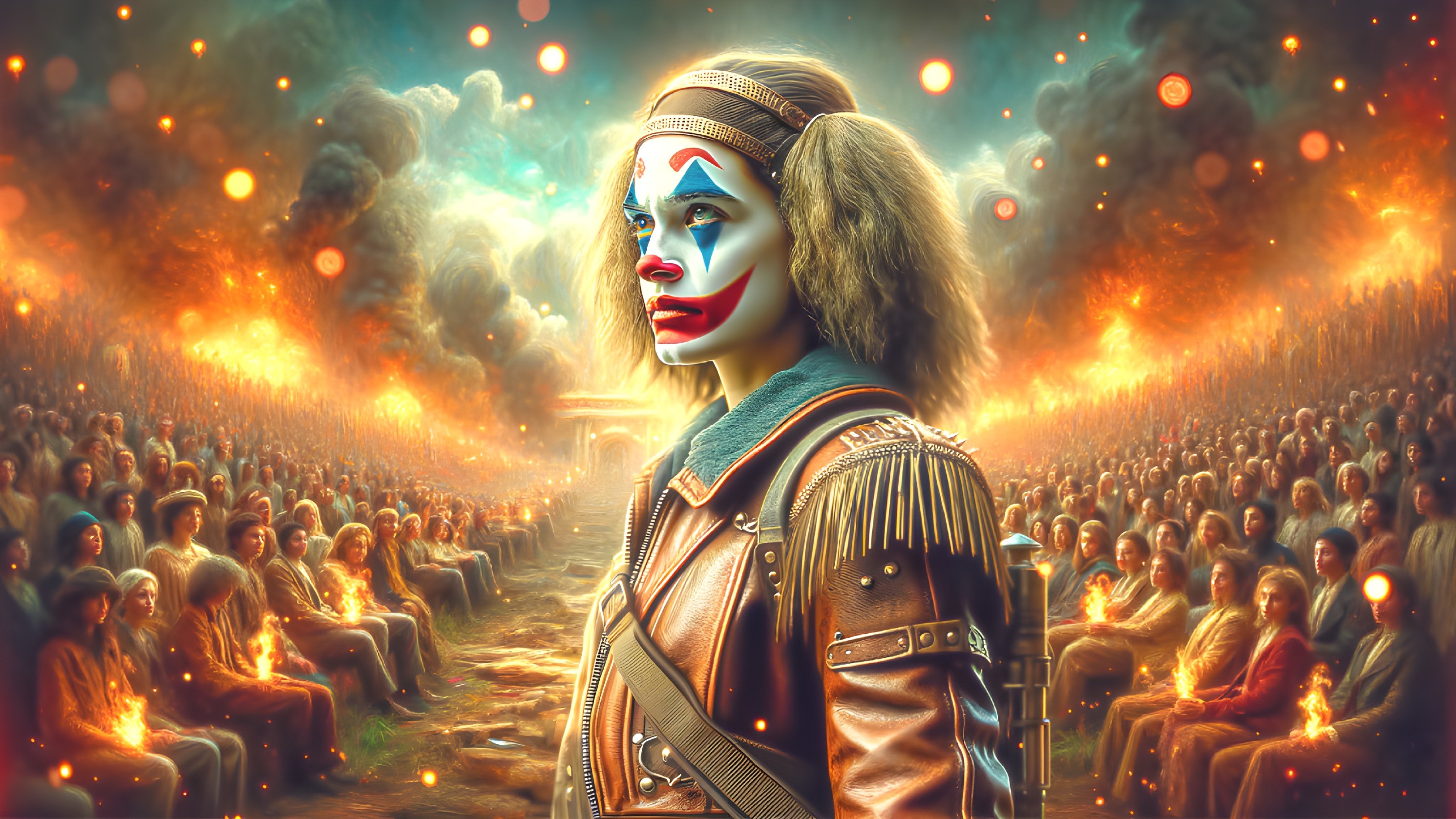 Clown in Leather Jacket Amidst Chaotic Flames and Smoke