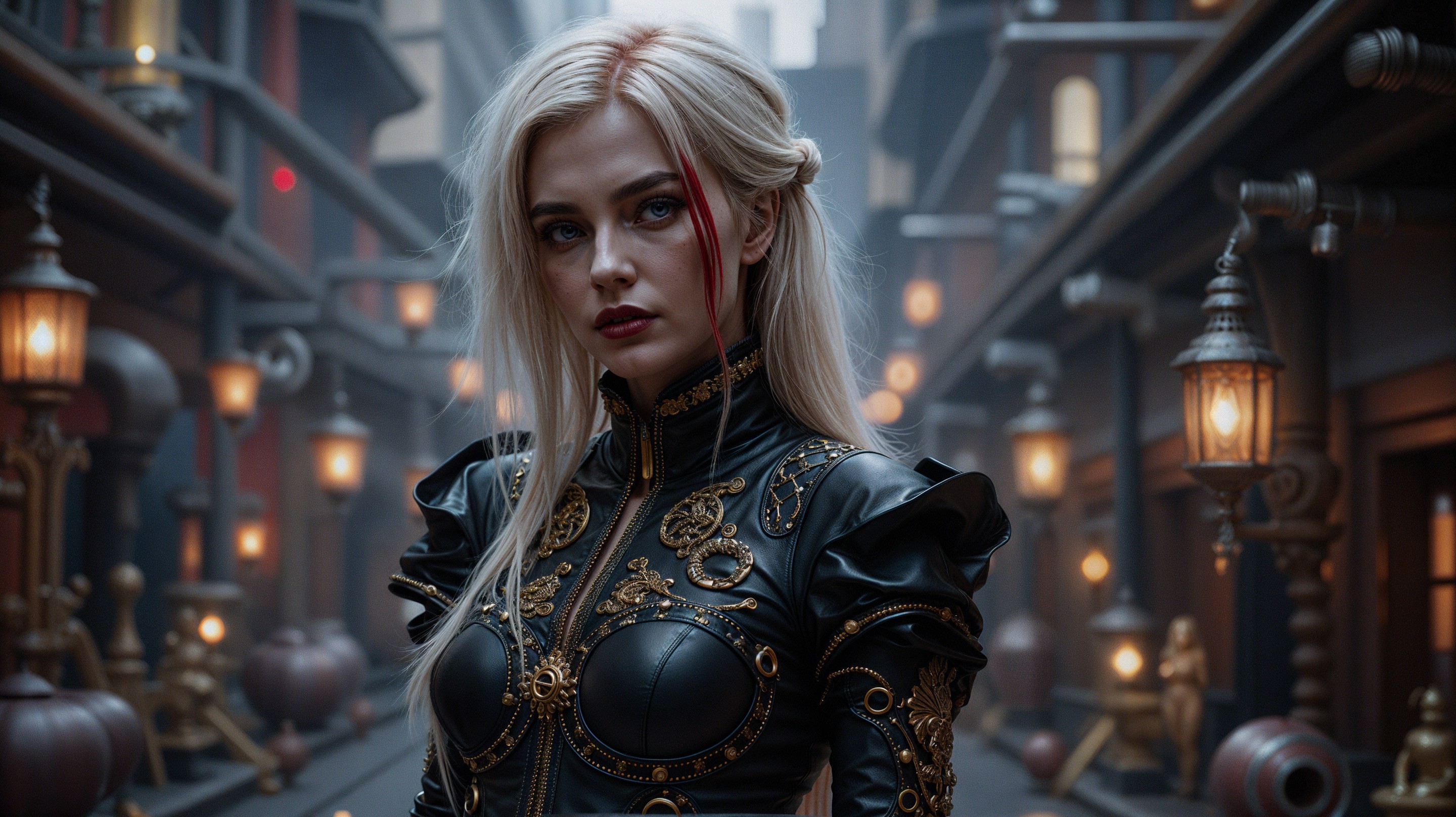 Young woman in steampunk alley with striking outfit
