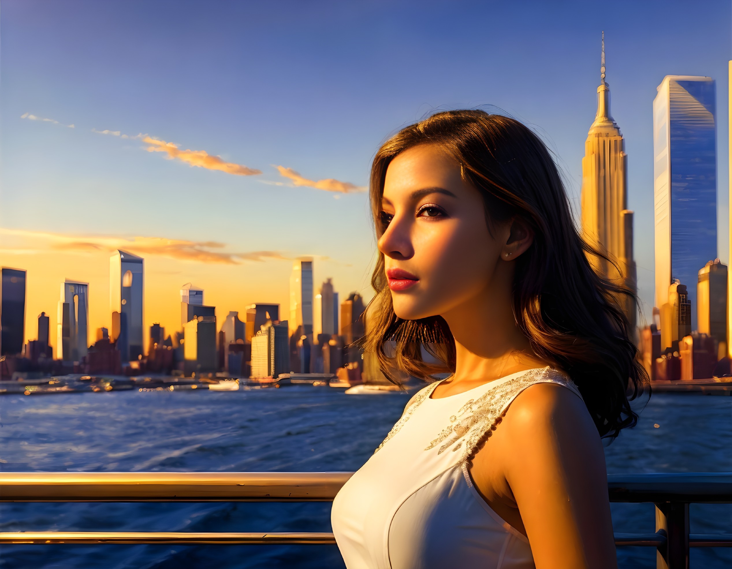 Woman at Waterfront with NYC Skyline at Sunset