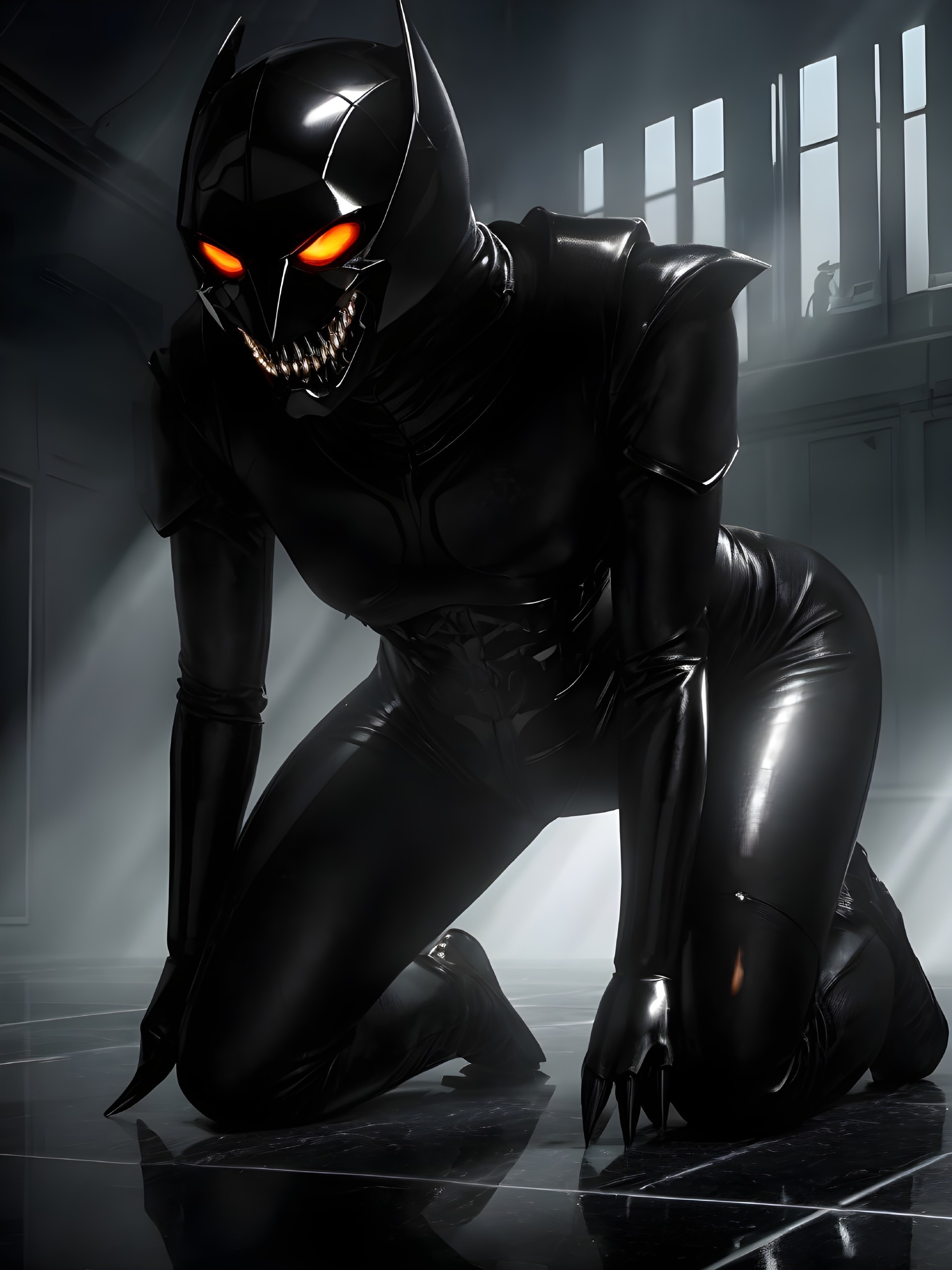 Menacing Figure in Black Suit with Glowing Eyes