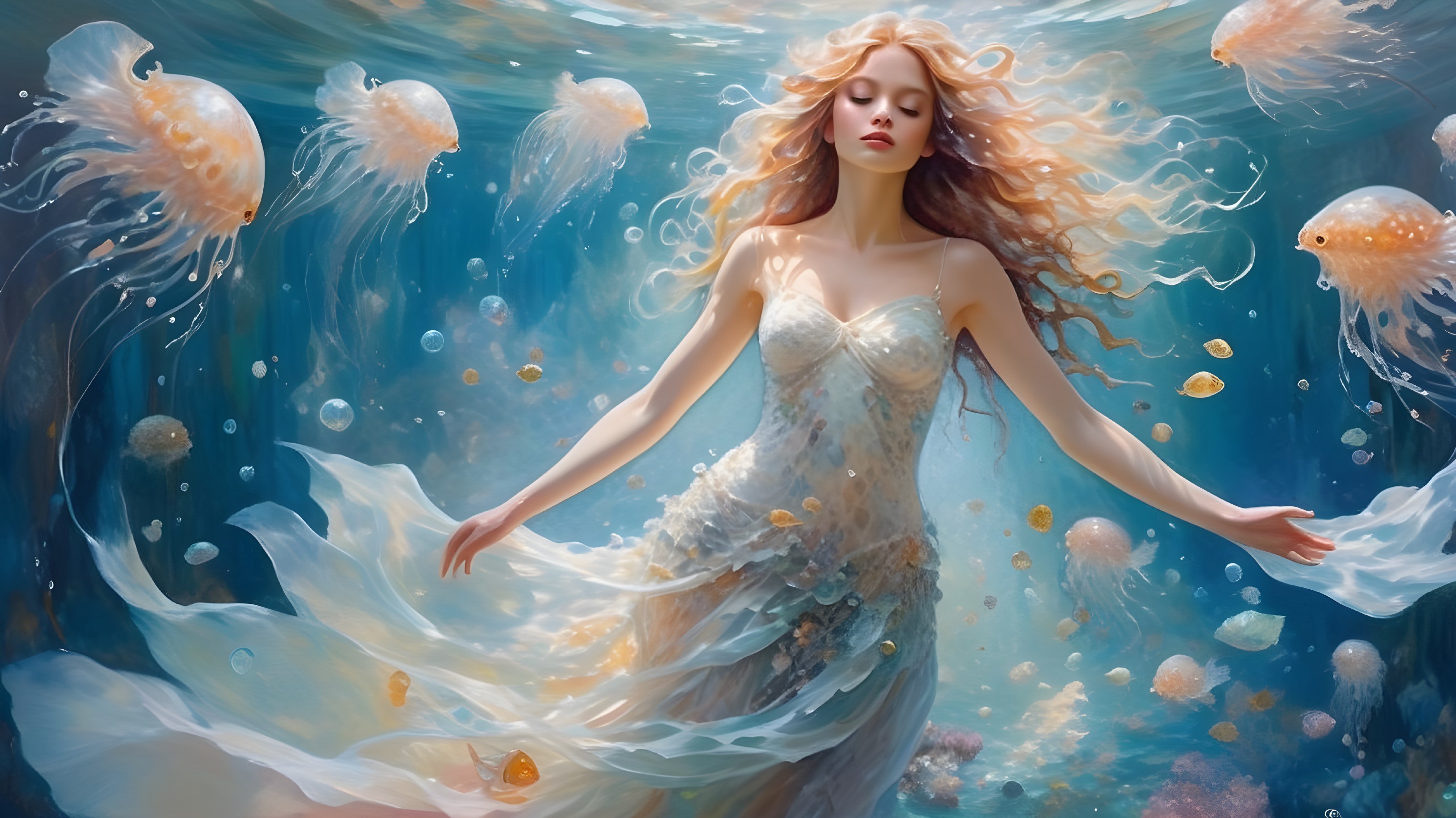Underwater Scene with Woman and Ethereal Jellyfish