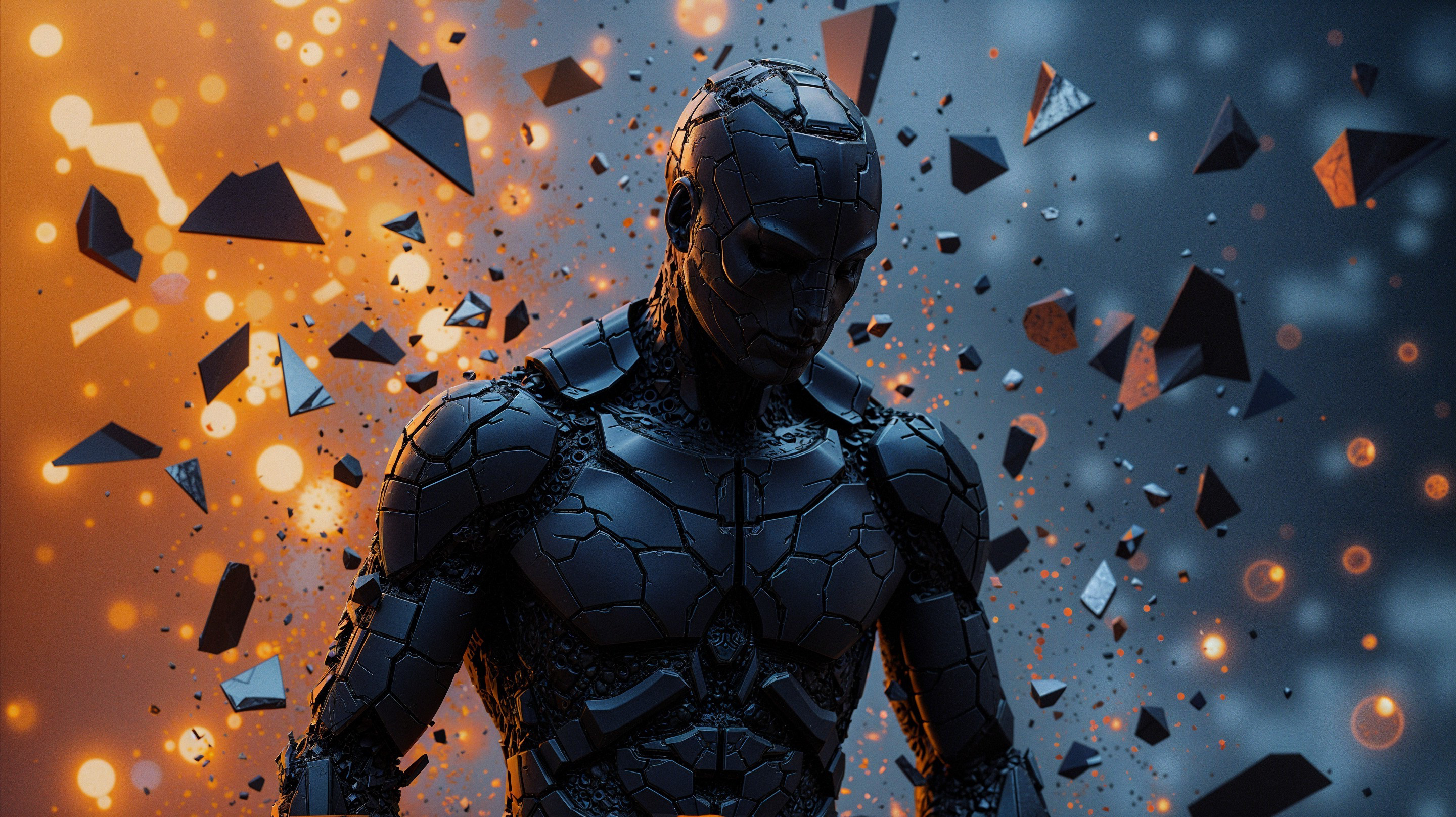 Futuristic Robotic Figure Amidst Geometric Explosion