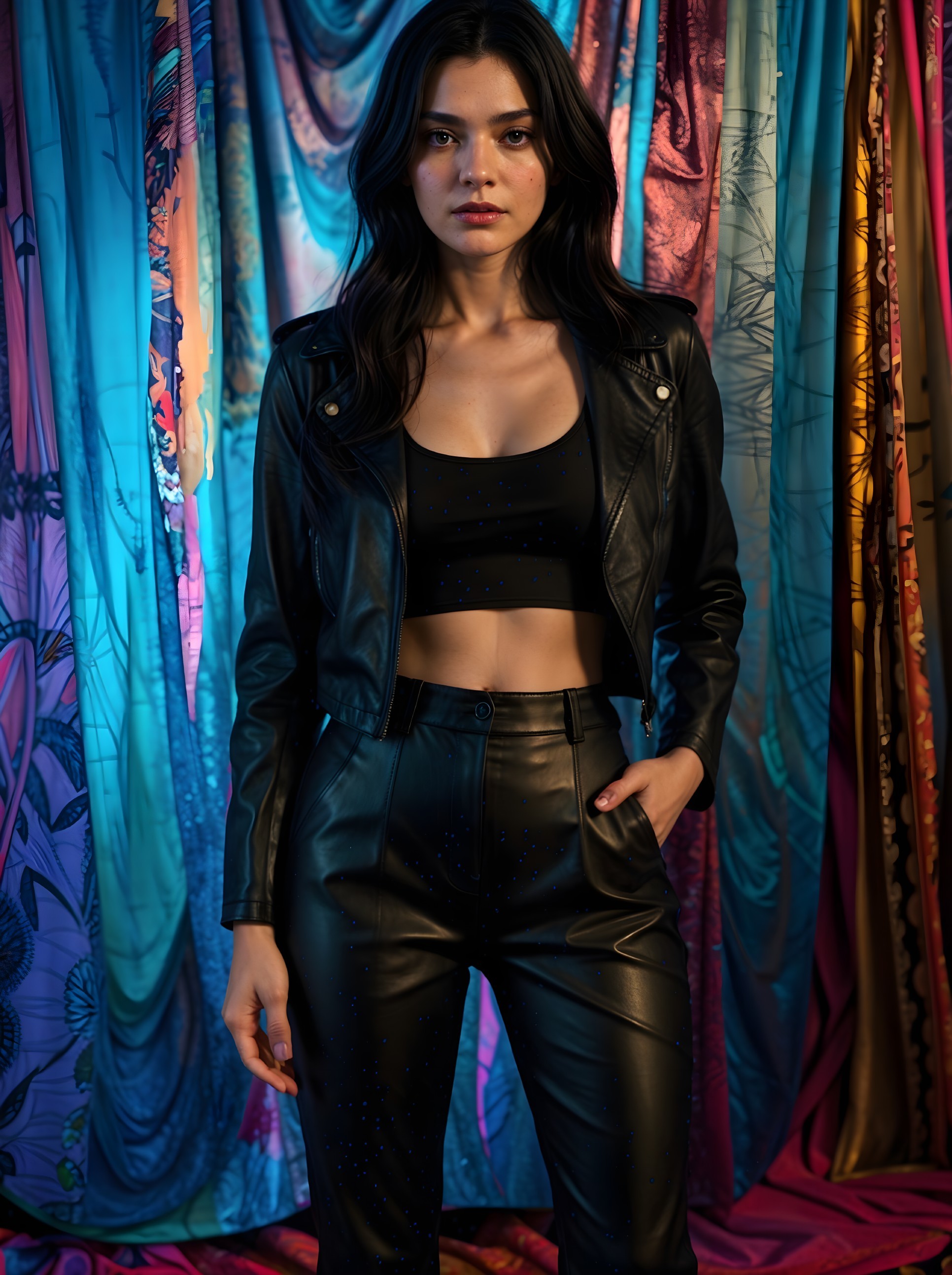 Young woman in stylish leather outfit with vibrant backdrop