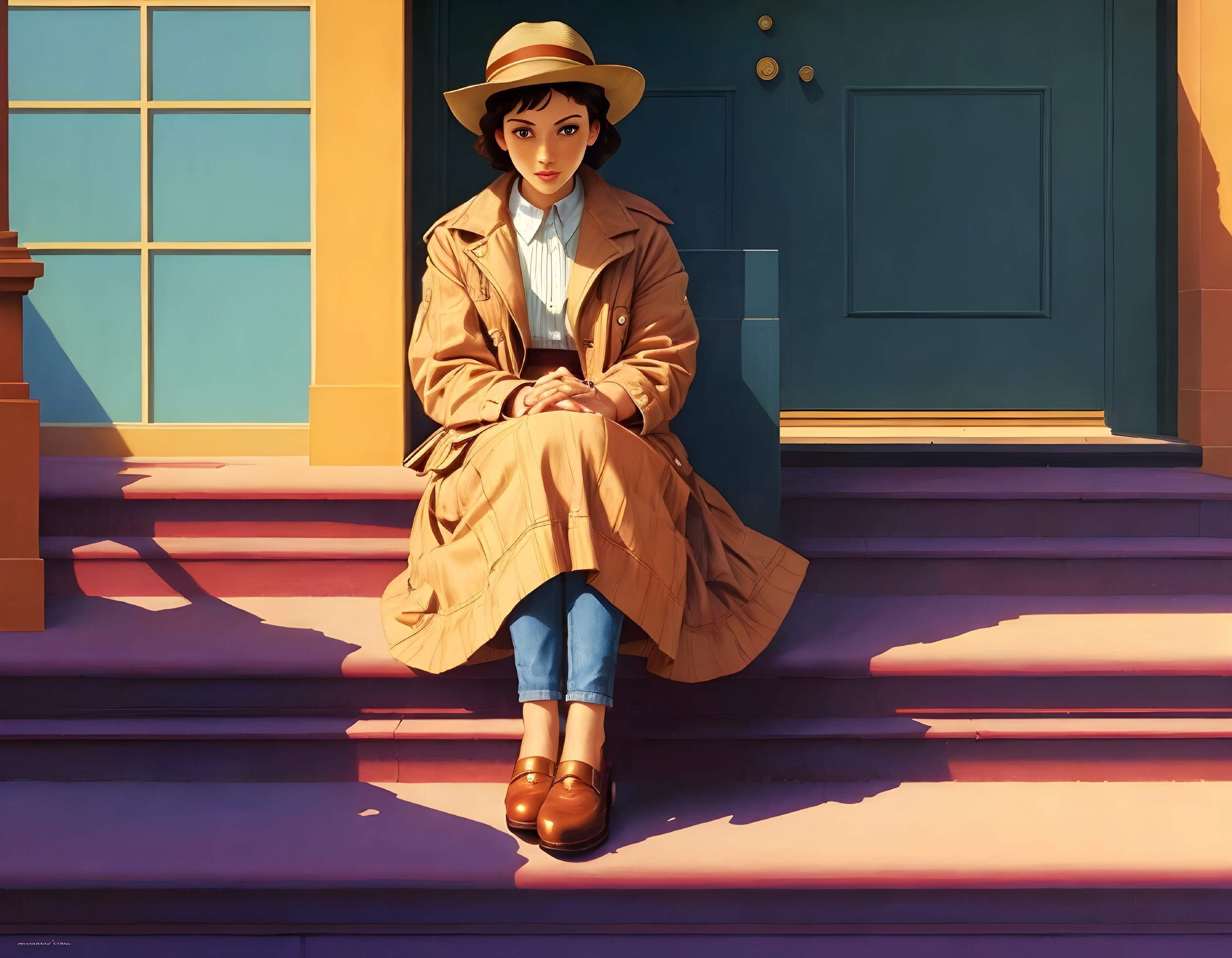 Young woman on colorful steps with a thoughtful expression