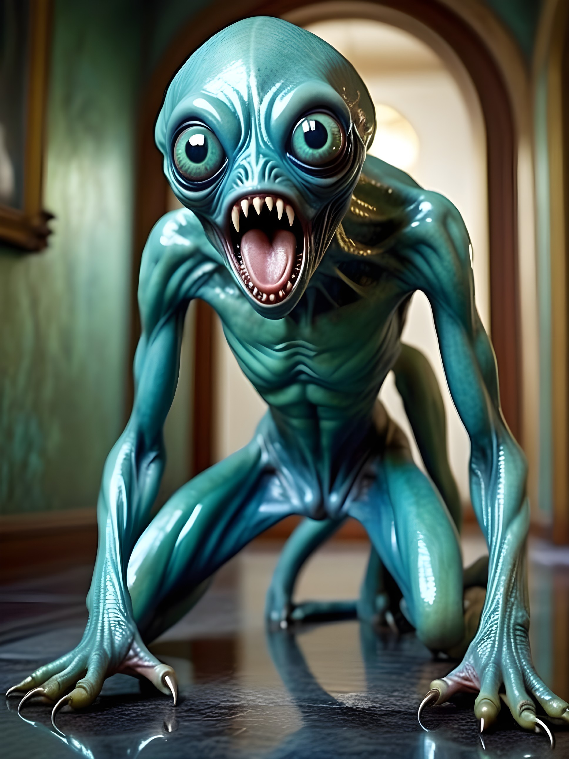 Fantastical Alien Creature with Turquoise Skin and Claws