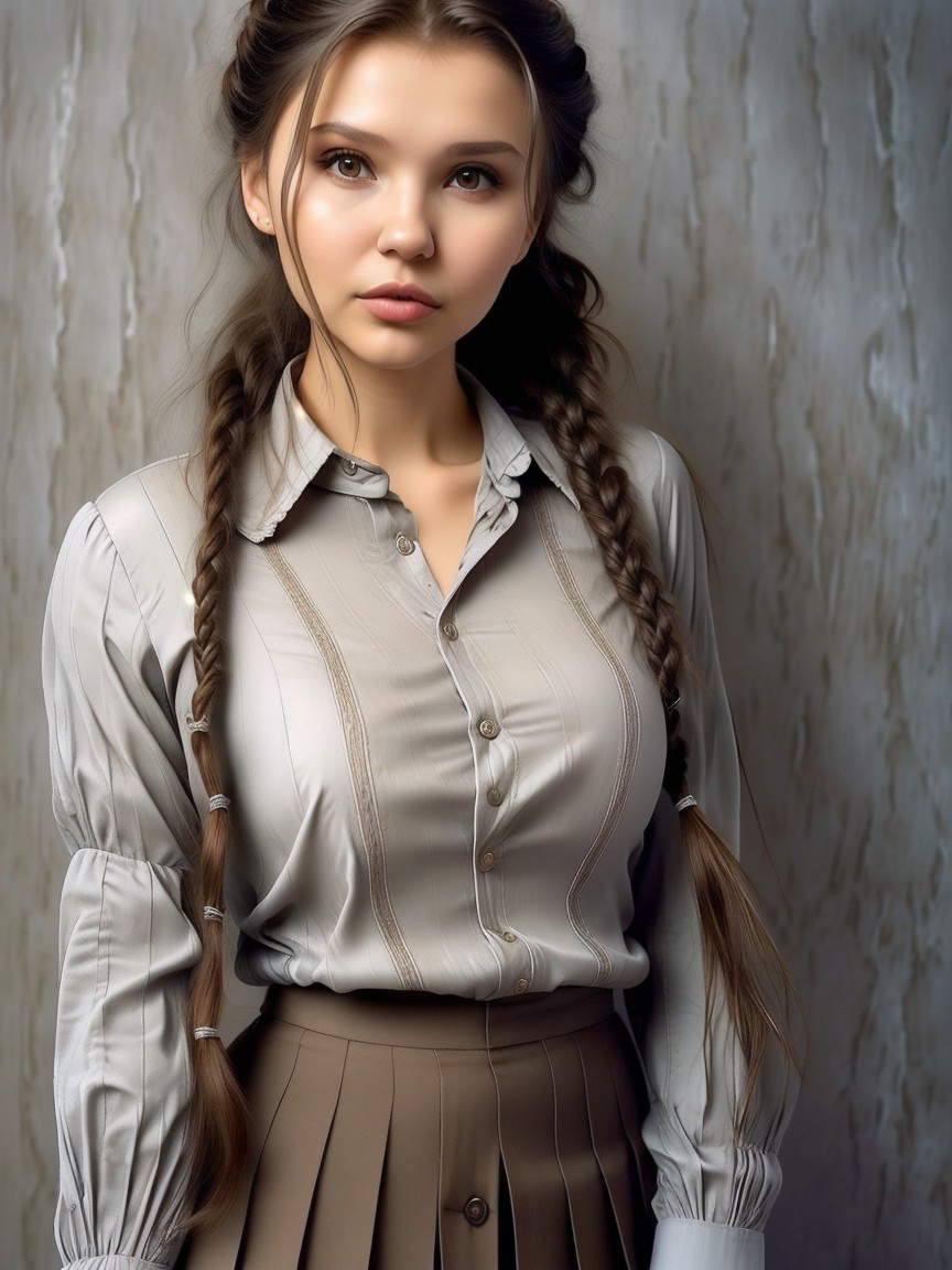 Young woman in gray blouse and pleated brown skirt