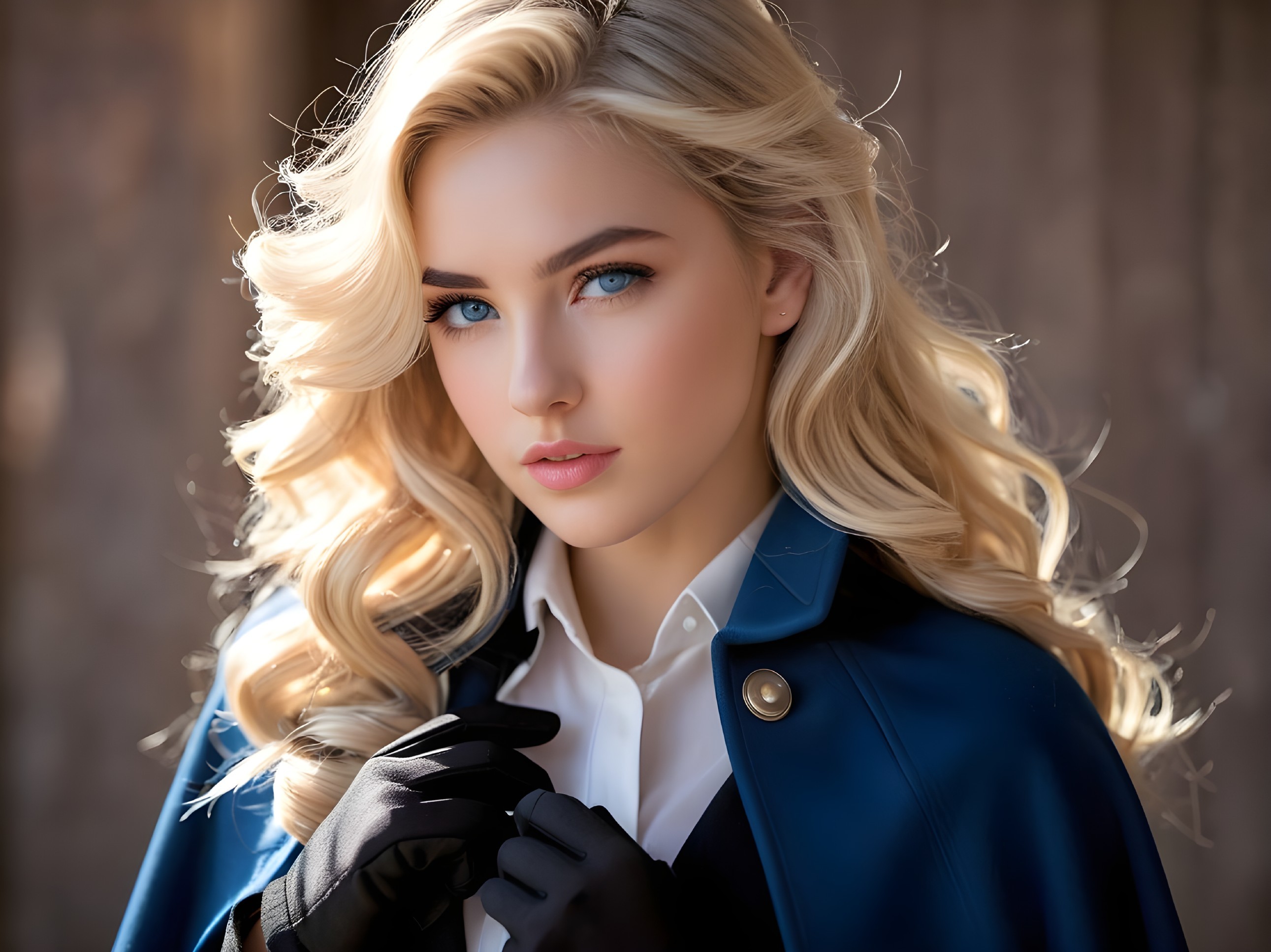 Young woman in blue coat with blonde hair and blue eyes