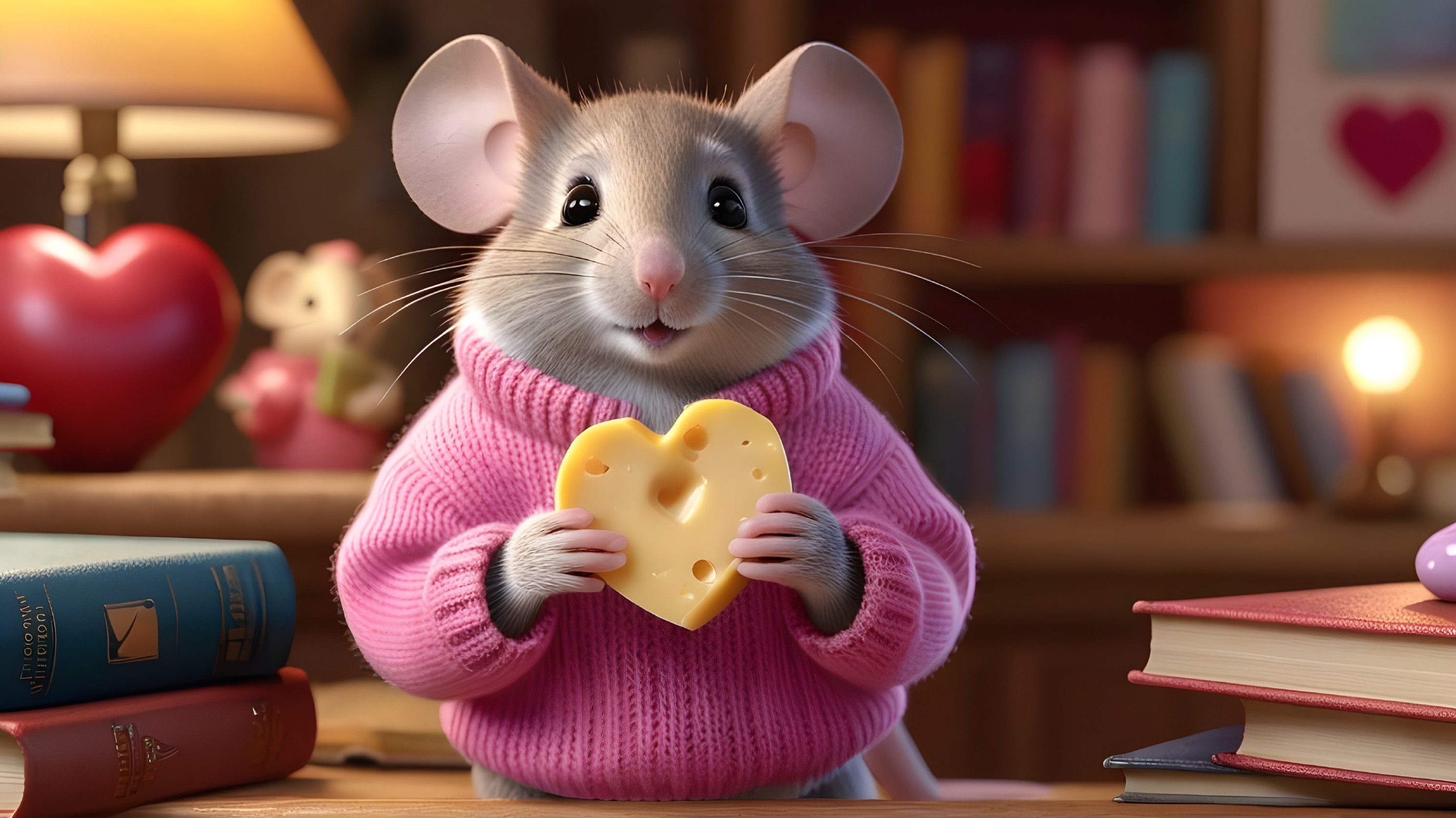 Cartoon Mouse in Sweater at Cozy Book-Laden Table