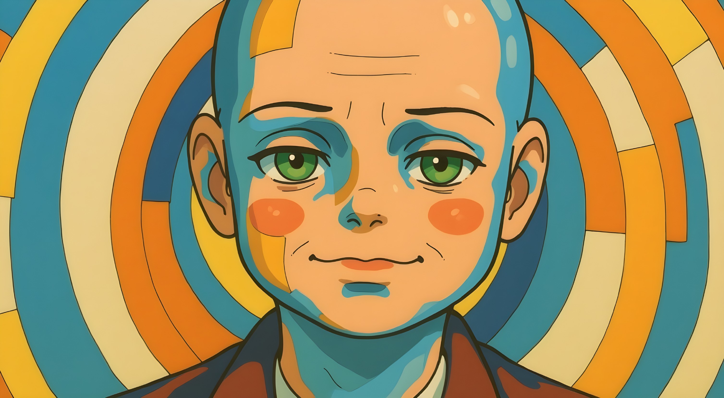 Stylized portrait of a bald boy with blue skin