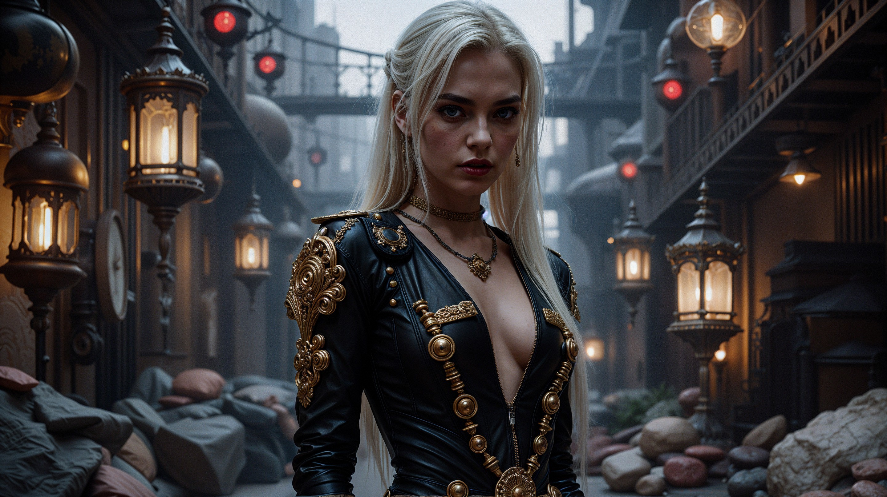 Striking figure in ornate black outfit in dim alleyway