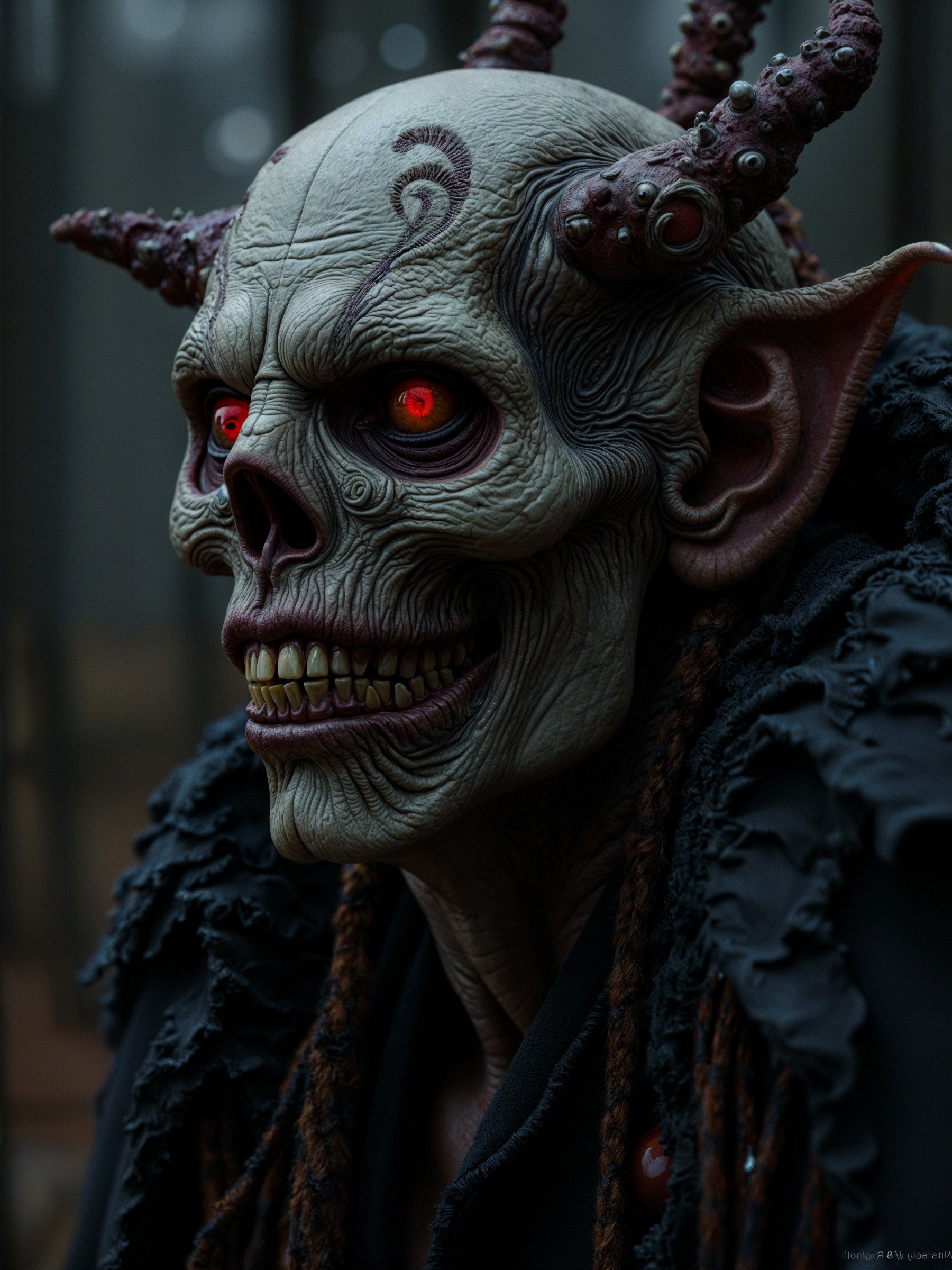 Sinister Character with Skeletal Face and Red Eyes