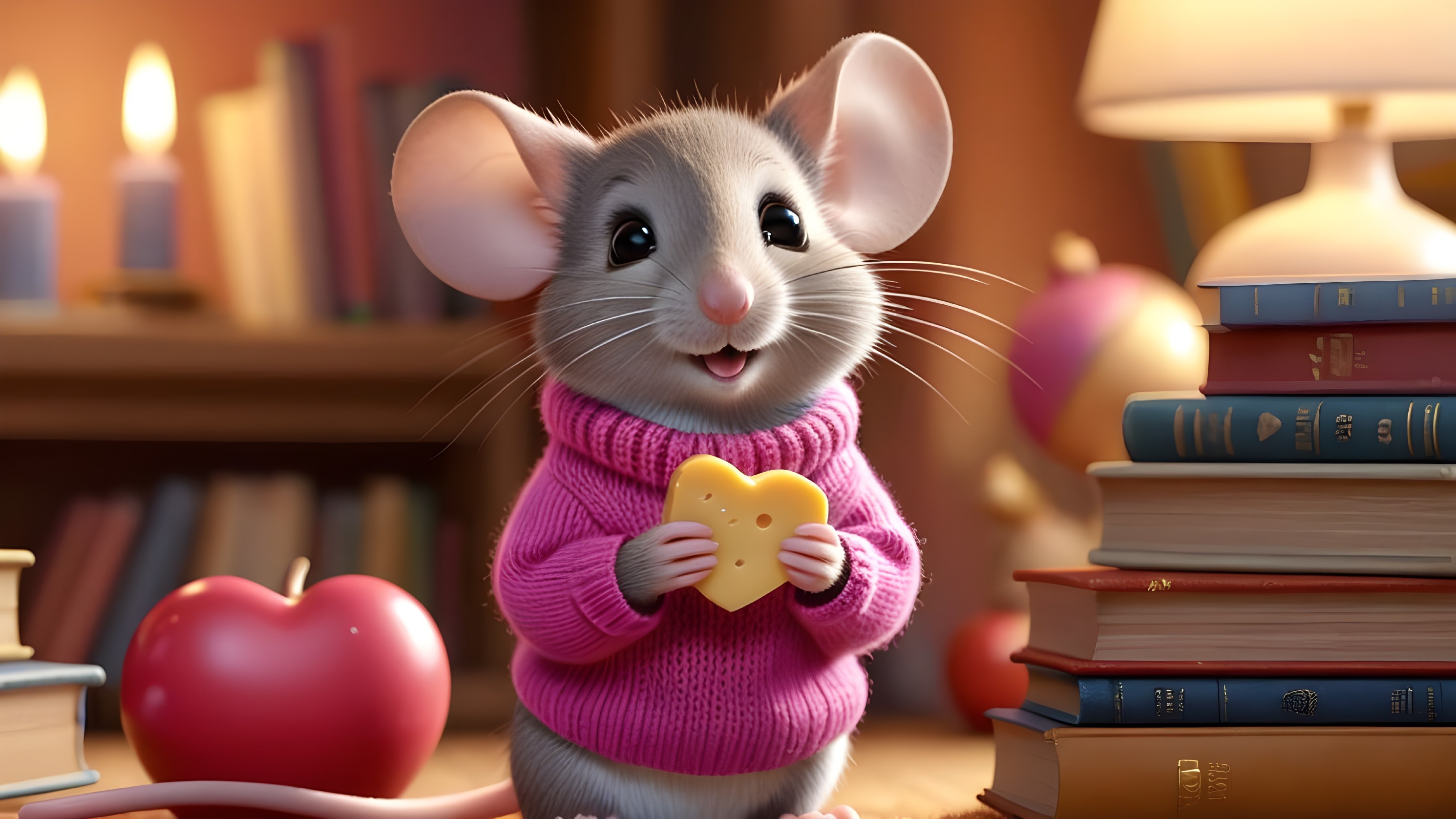 Cartoon Mouse in Sweater with Heart-Shaped Cheese