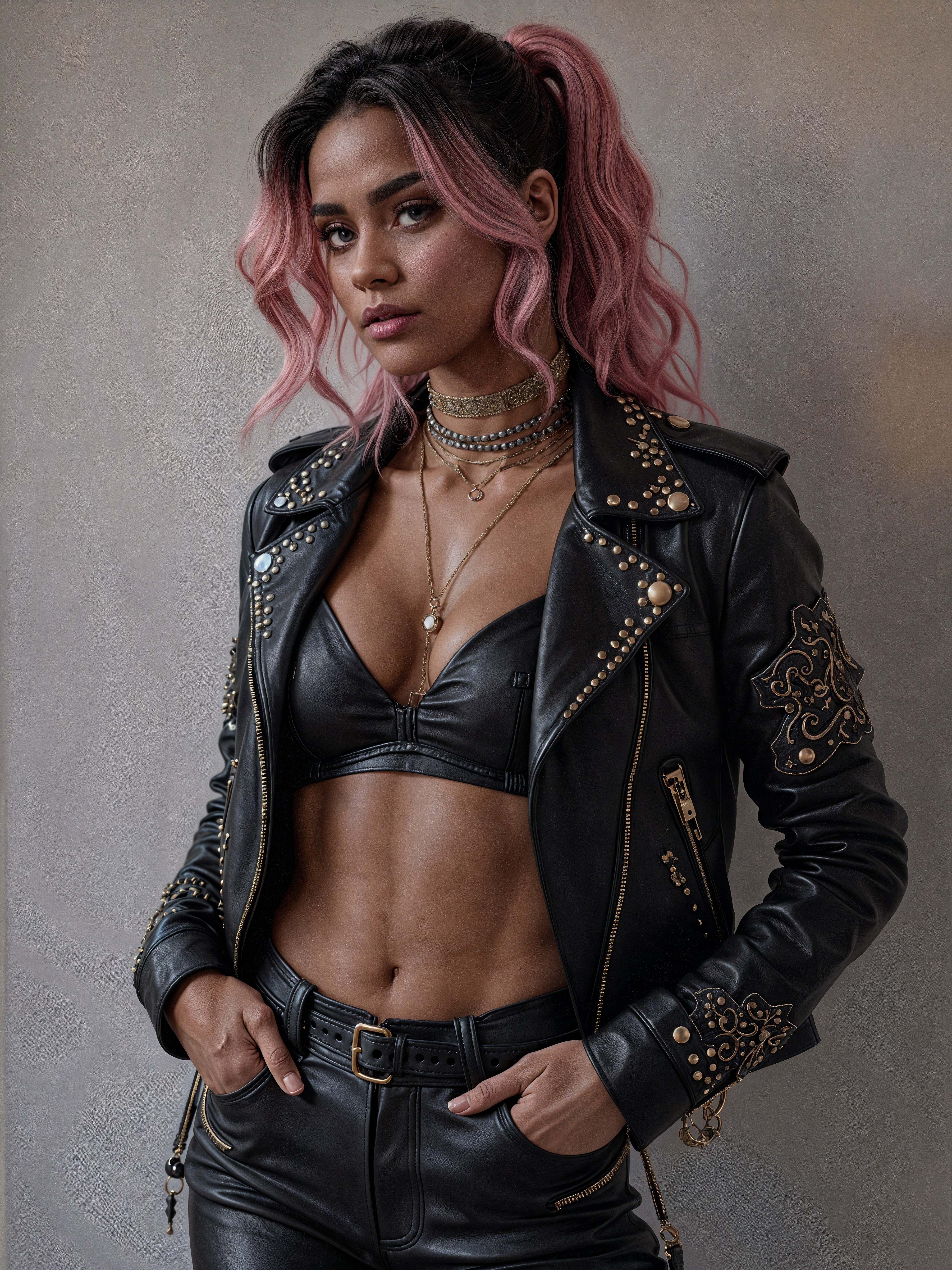 Confident Figure in Edgy Leather Jacket and Bralette