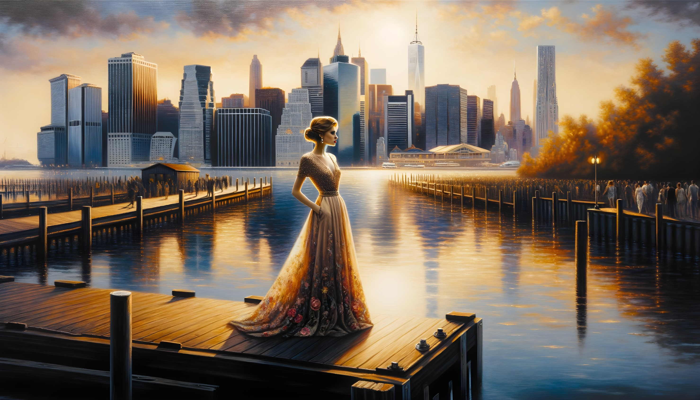 Serene Figure on Pier Overlooking Sunset City Skyline