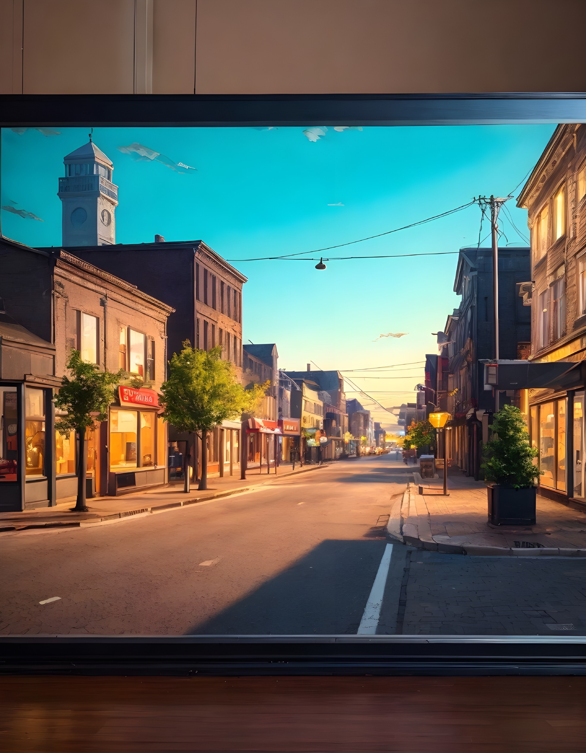 Tranquil Sunset Street with Storefronts and Clock Tower