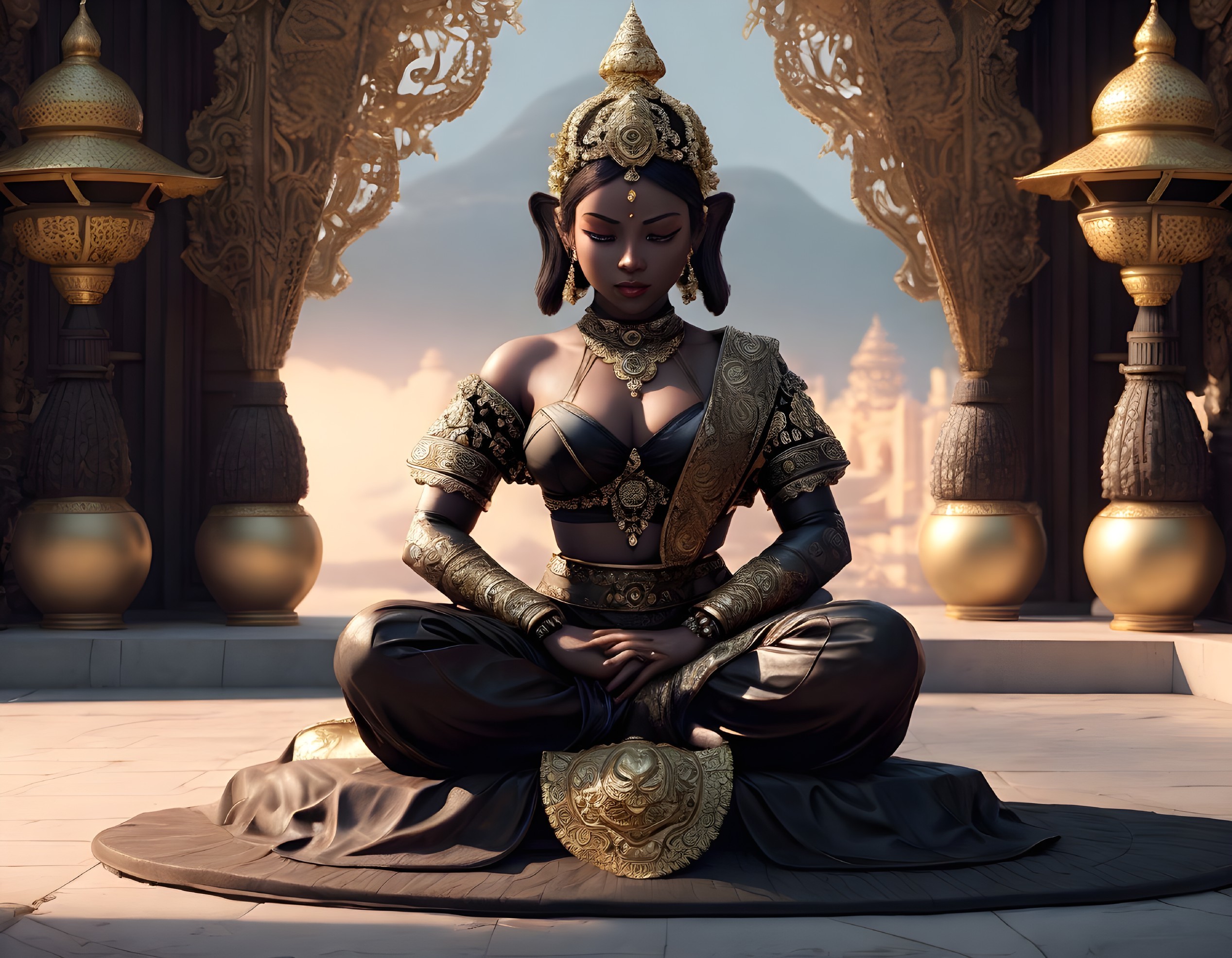 Serene Figure in Meditative Pose with Majestic Backdrop