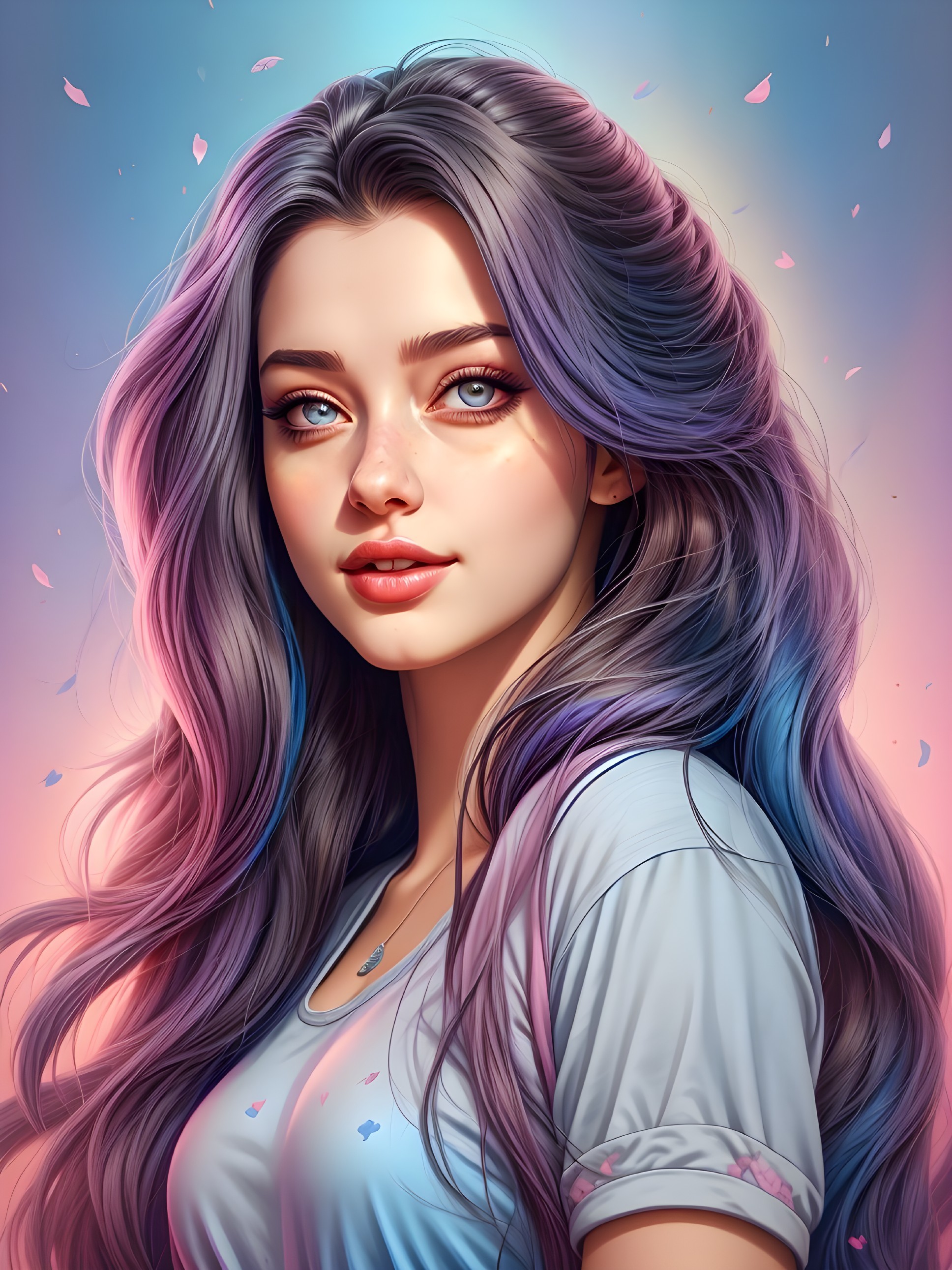 Young woman with long purple-pink hair and petals