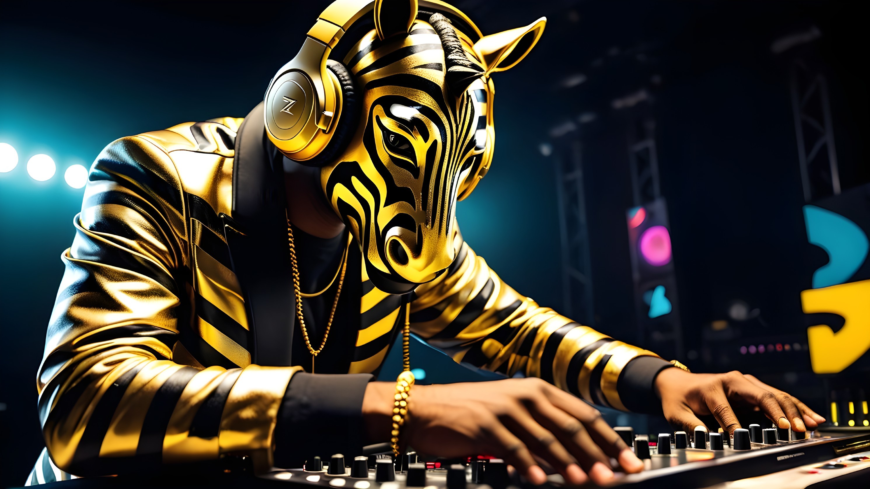 DJ in Gold and Black Zebra Mask at Music Event