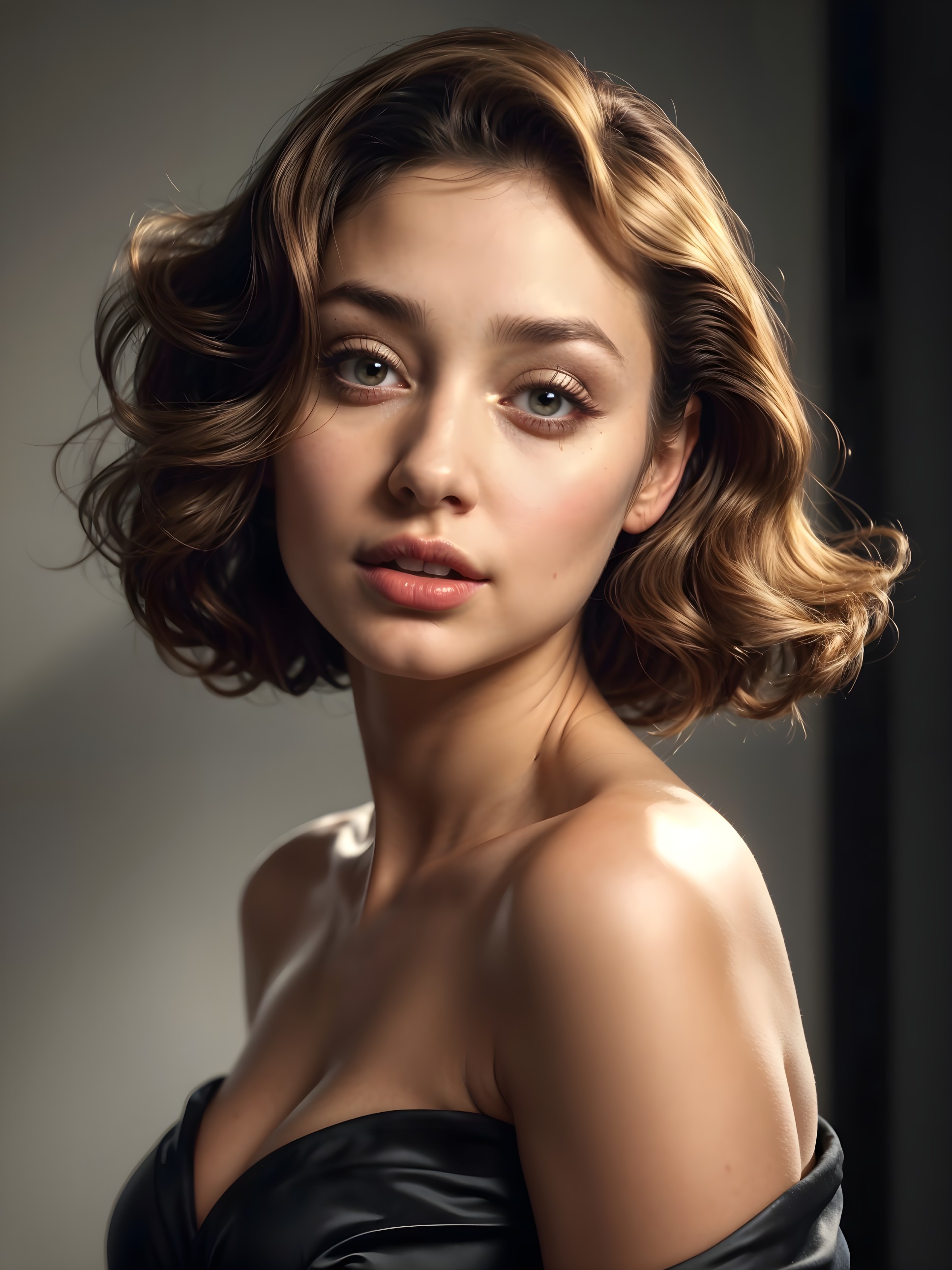 Elegant young woman in off-shoulder black outfit