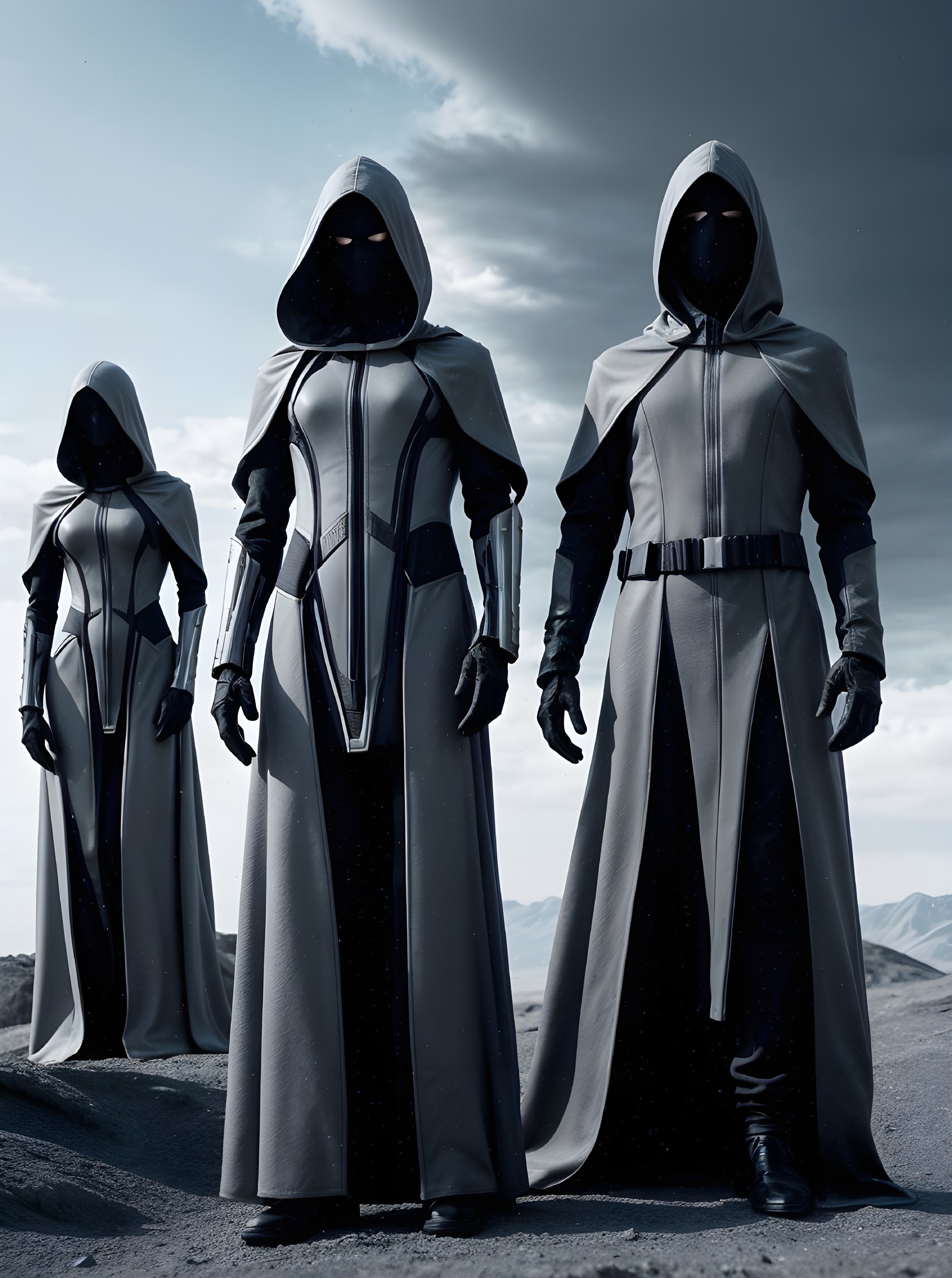 Futuristic Figures in Dark Robes in Dramatic Landscape