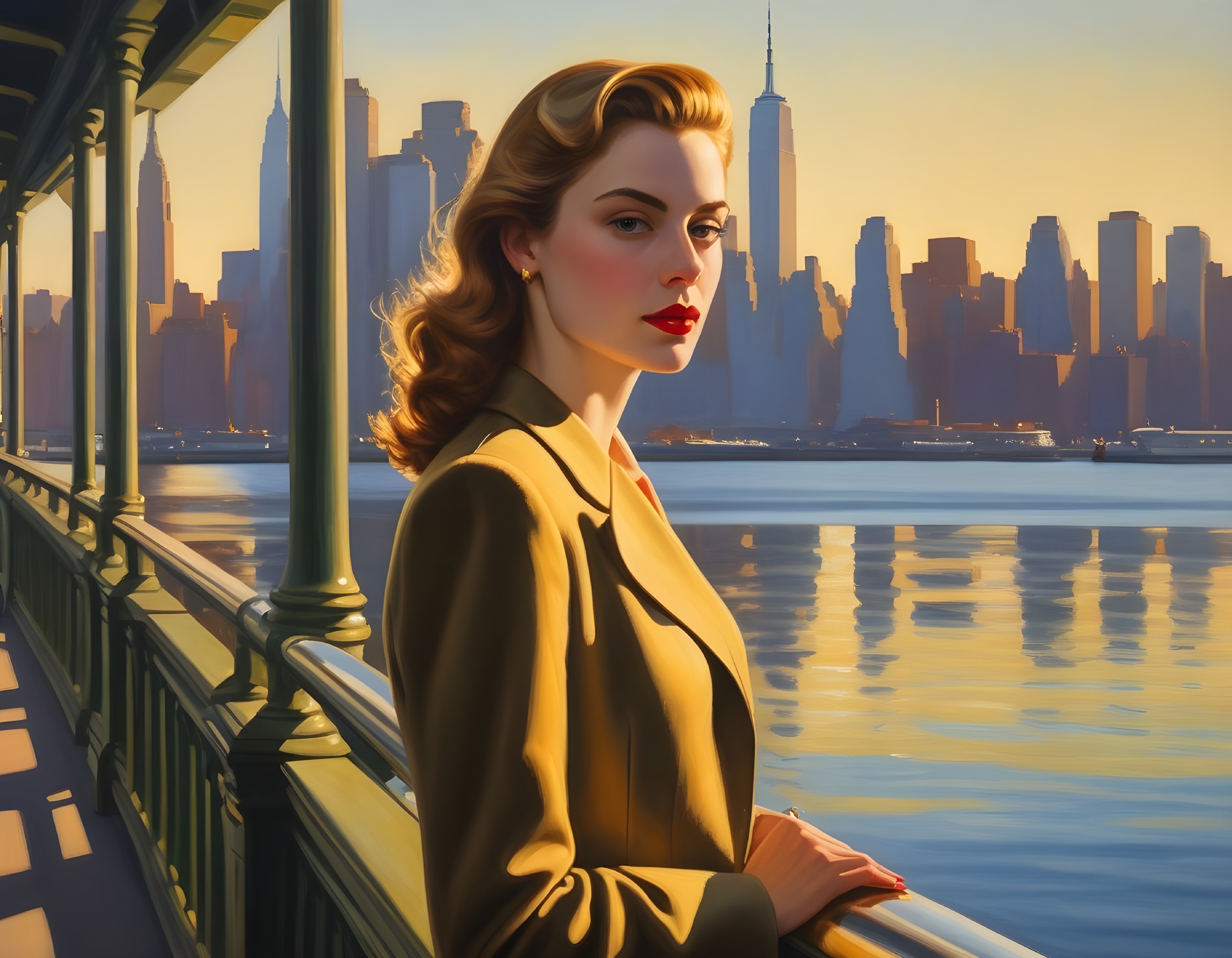 Glamorous Woman on Waterfront with Skyline View