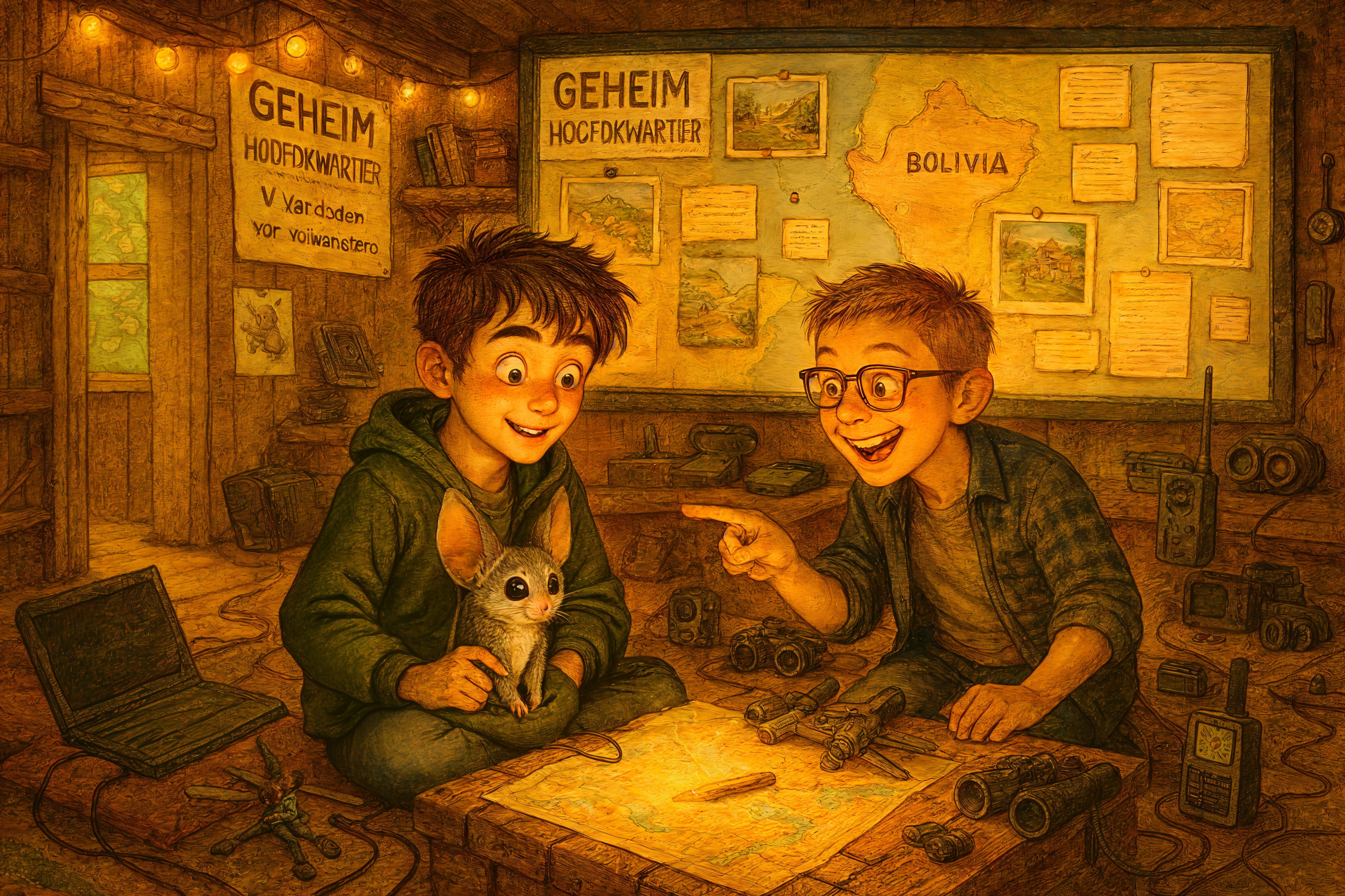 Boys in a Cozy Room with a Fuzzy Creature and Map