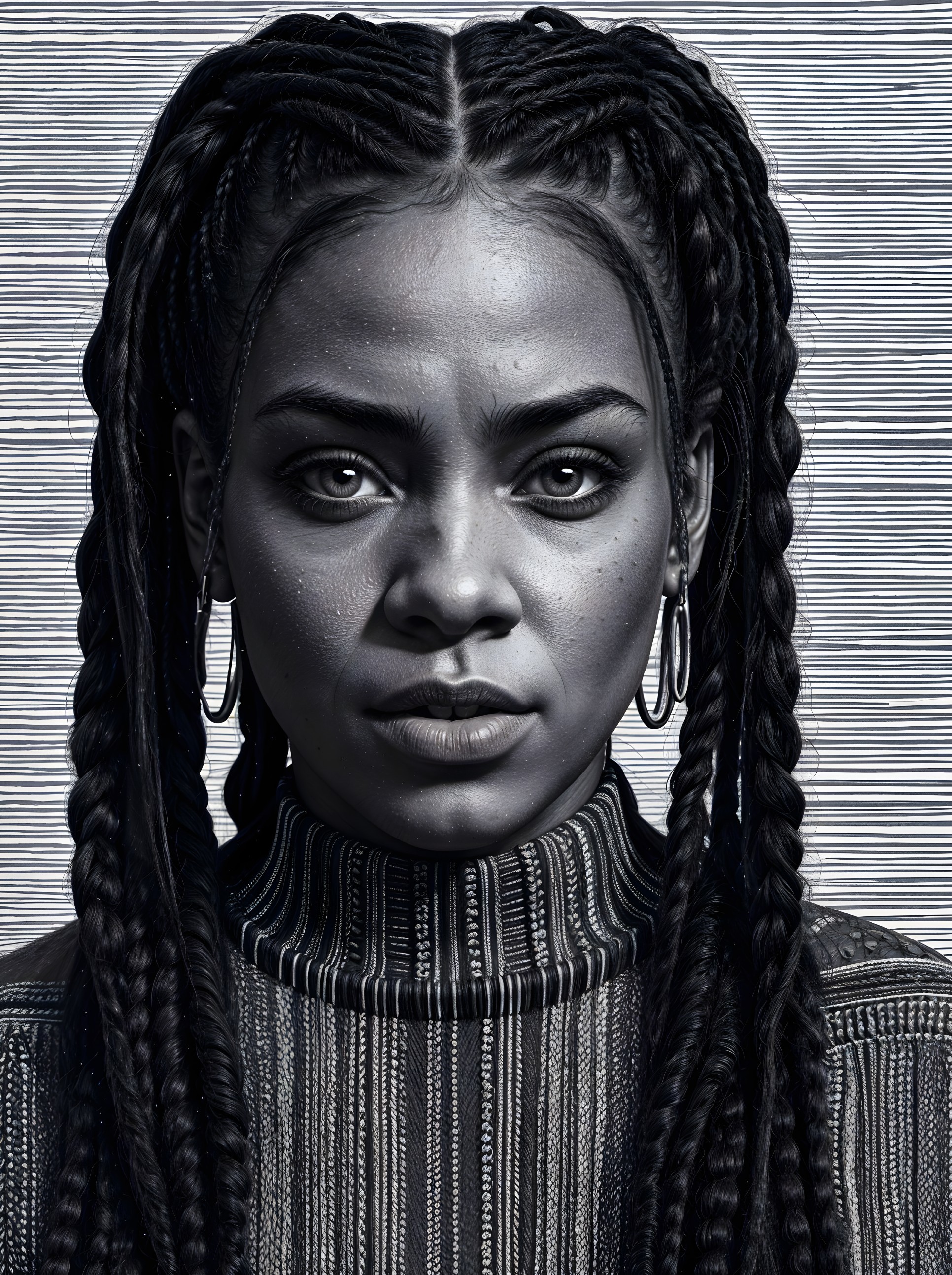 Black-and-white portrait of a woman with braided hair