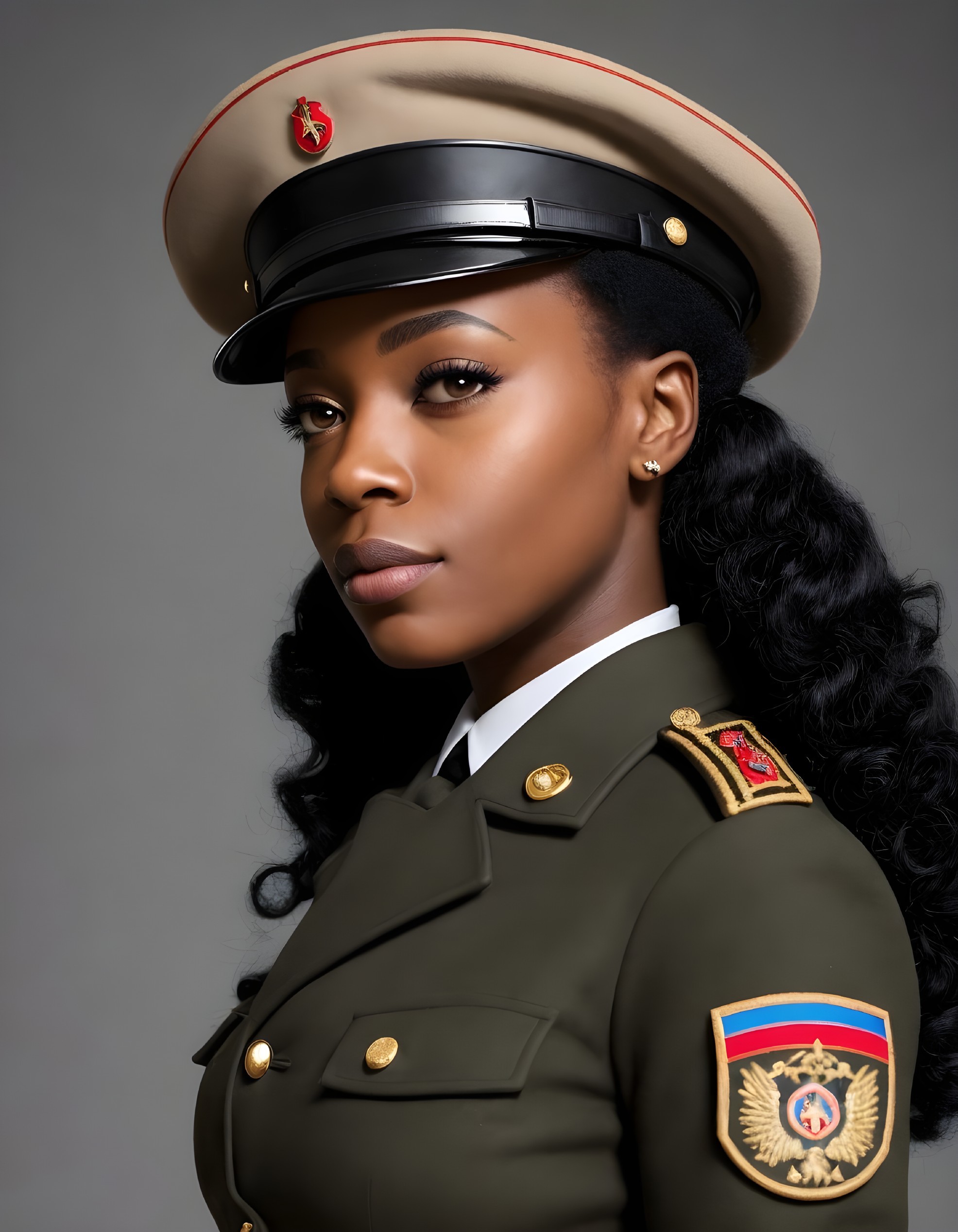 Woman in Military Uniform with Insignias and Cap