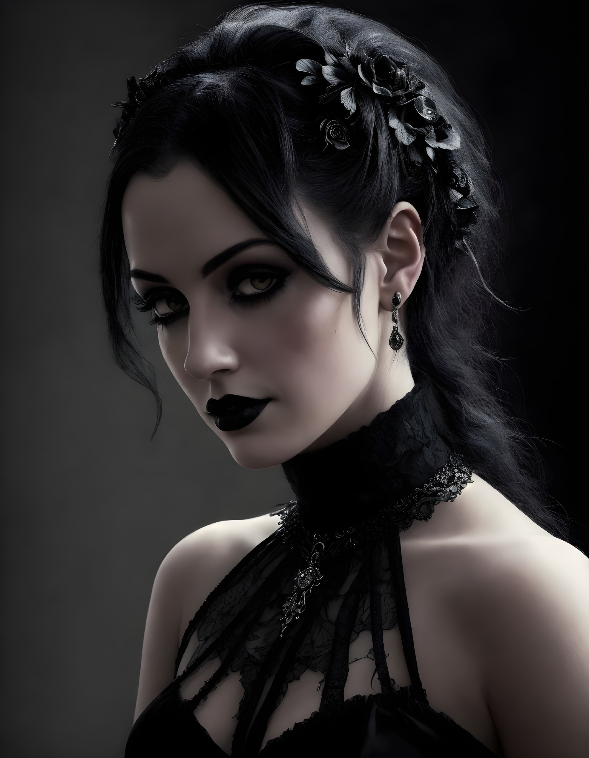 Portrait of woman with dark hair, floral headpiece, dramatic makeup, black lace outfit, and ch